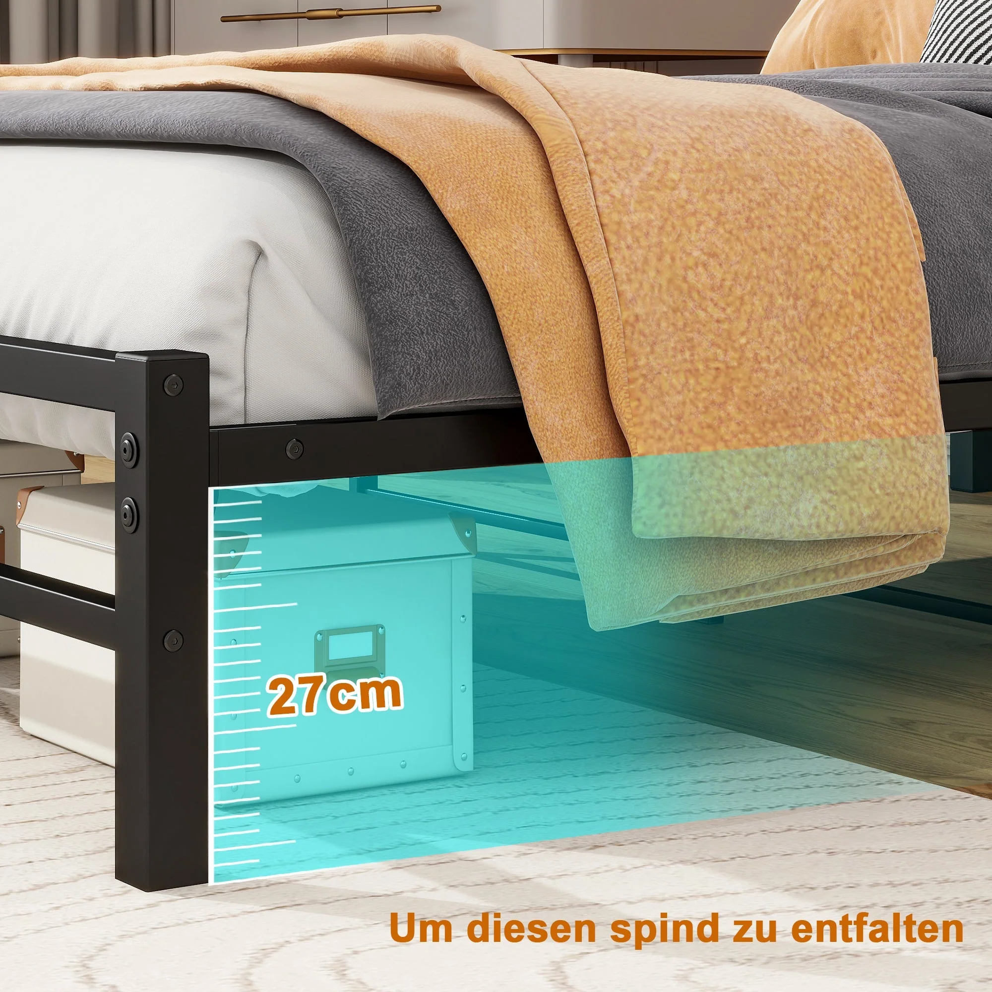 Bed Frame with Headboard, 120x200cm, USB Charging Station & LED, Metal - Image 7