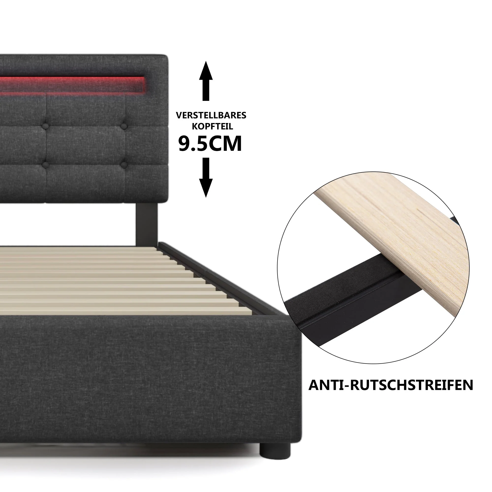 Bed Frame with LED, 2-Drawer, Adjustable Headboard, Wooden Slats, Grey - Image 4