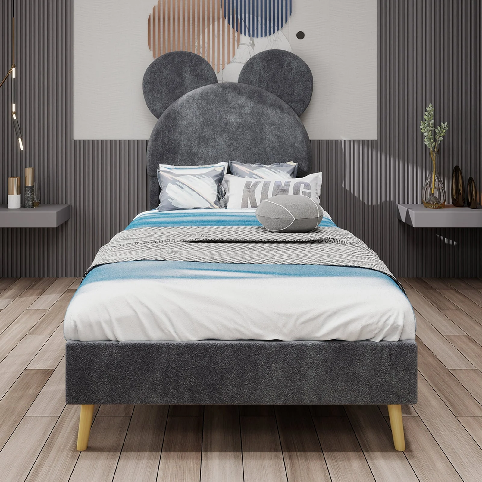 Bed, Upholstered with Cartoon Headboard, Low-Profile Non-Storage, Grey - Image 6