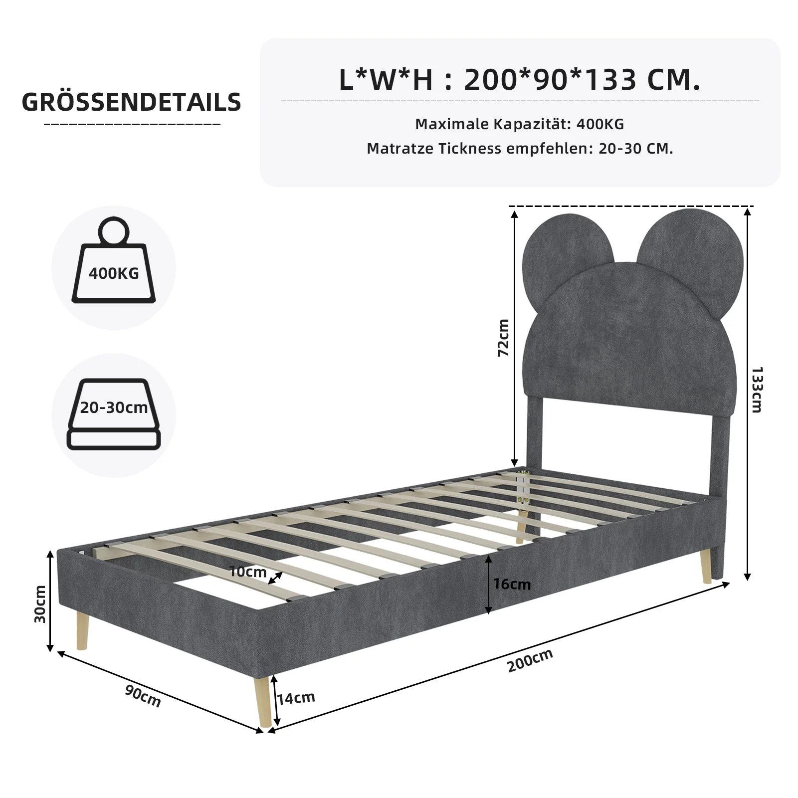 Bed, Upholstered with Cartoon Headboard, Low-Profile Non-Storage, Grey - Image 7