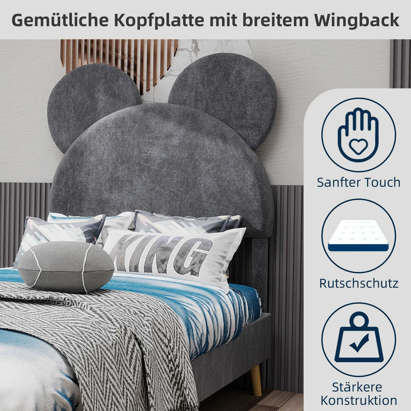 Bed, Upholstered with Cartoon Headboard, Low-Profile Non-Storage, Grey - Image 8