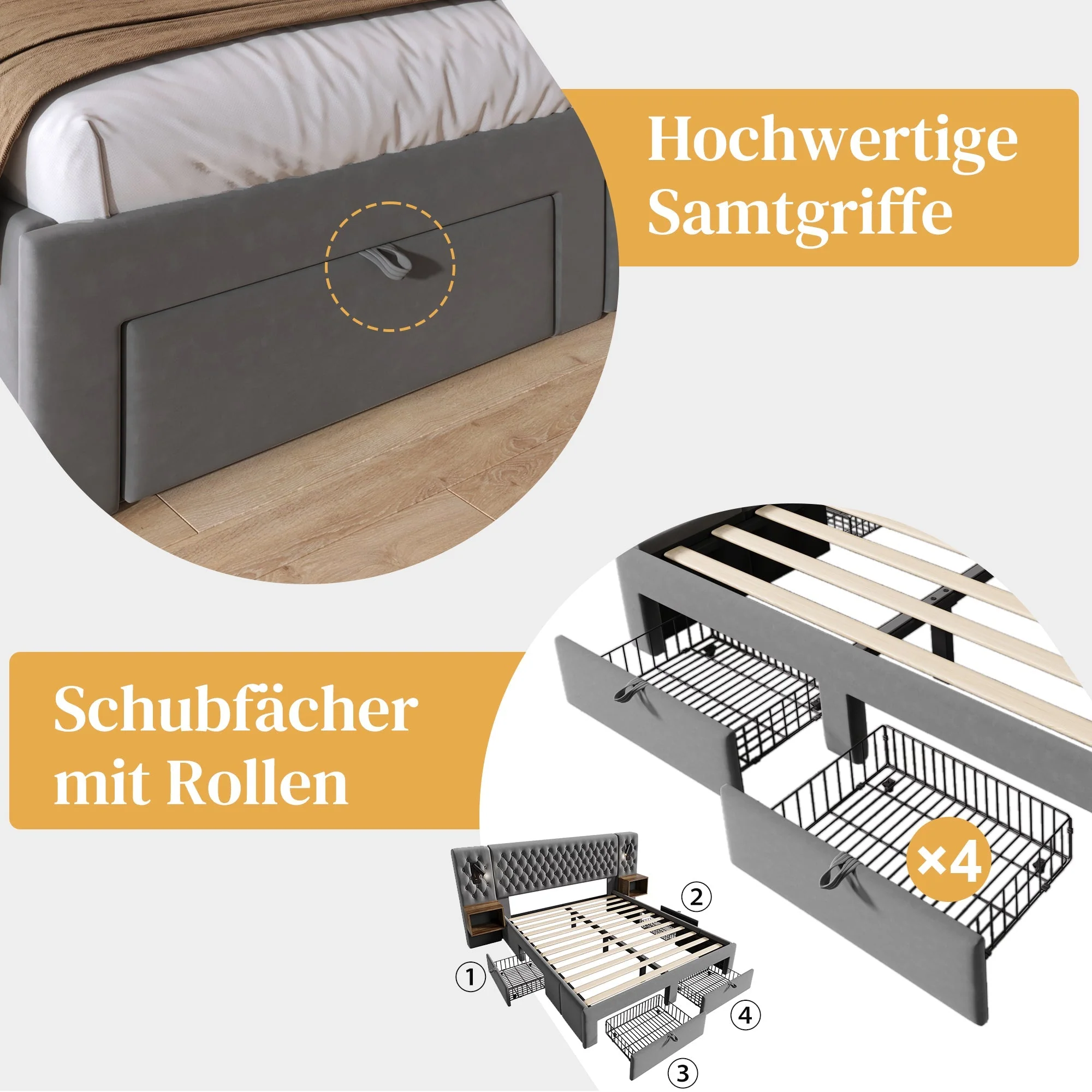 Bedroom Set, Upholstered Double Bed 160×200 cm with 2 Nightstands & 4 Drawers, Headboard Reading Light with USB Charging, Gray Velvet (With Mattress) - Image 4