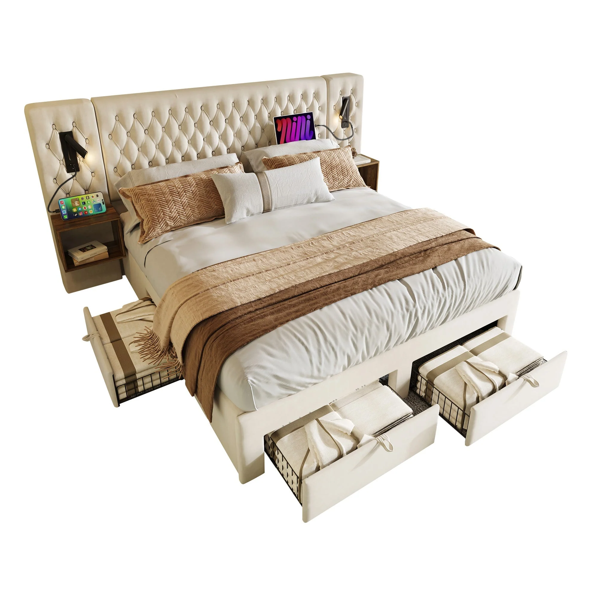 Bedroom Set, Upholstered Double Bed 160x200cm, 2 Nightstands, 4 Drawers, Headboard Reading Light with USB, Beige Velvet - Image 6