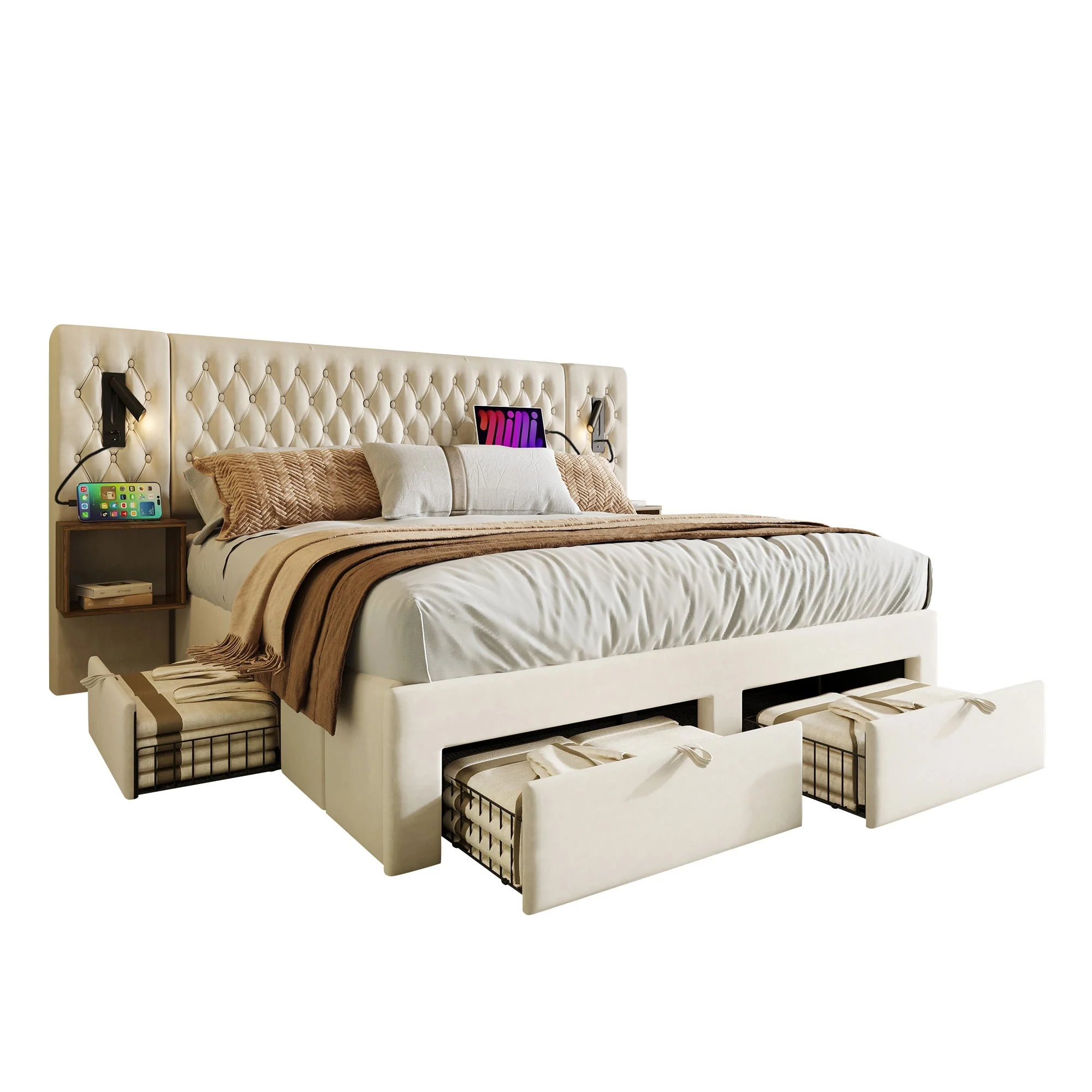 Bedroom Set, Upholstered Double Bed 180x200cm with 2 Nightstands, 4 Drawers, Headboard Reading Light, USB Charging, Beige Velvet - Image 8