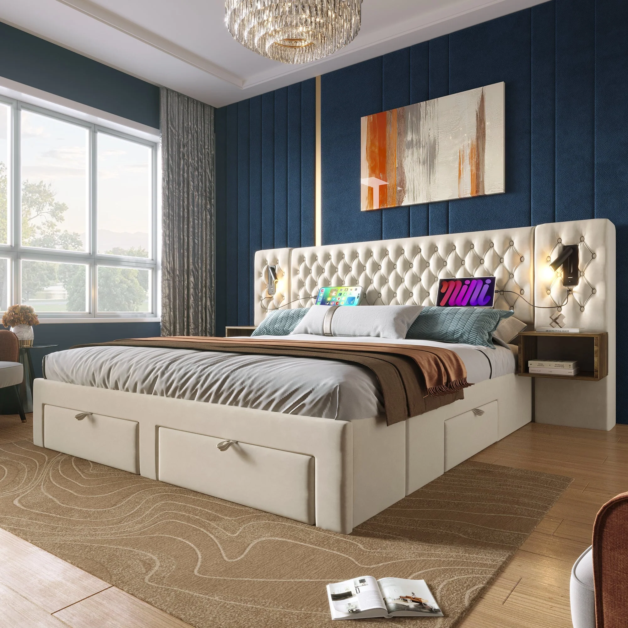 Bedroom Set, Upholstered Double Bed with 2 Nightstands & 4 Drawers, USB Reading Light, Beige Velvet - Image 10