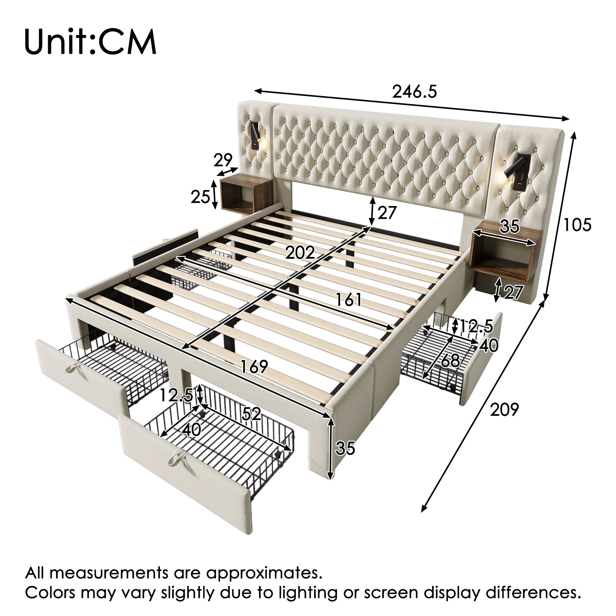 Bedroom Set, Upholstered Double Bed with 2 Nightstands & 4 Drawers, USB Reading Light, Beige Velvet - Image 2
