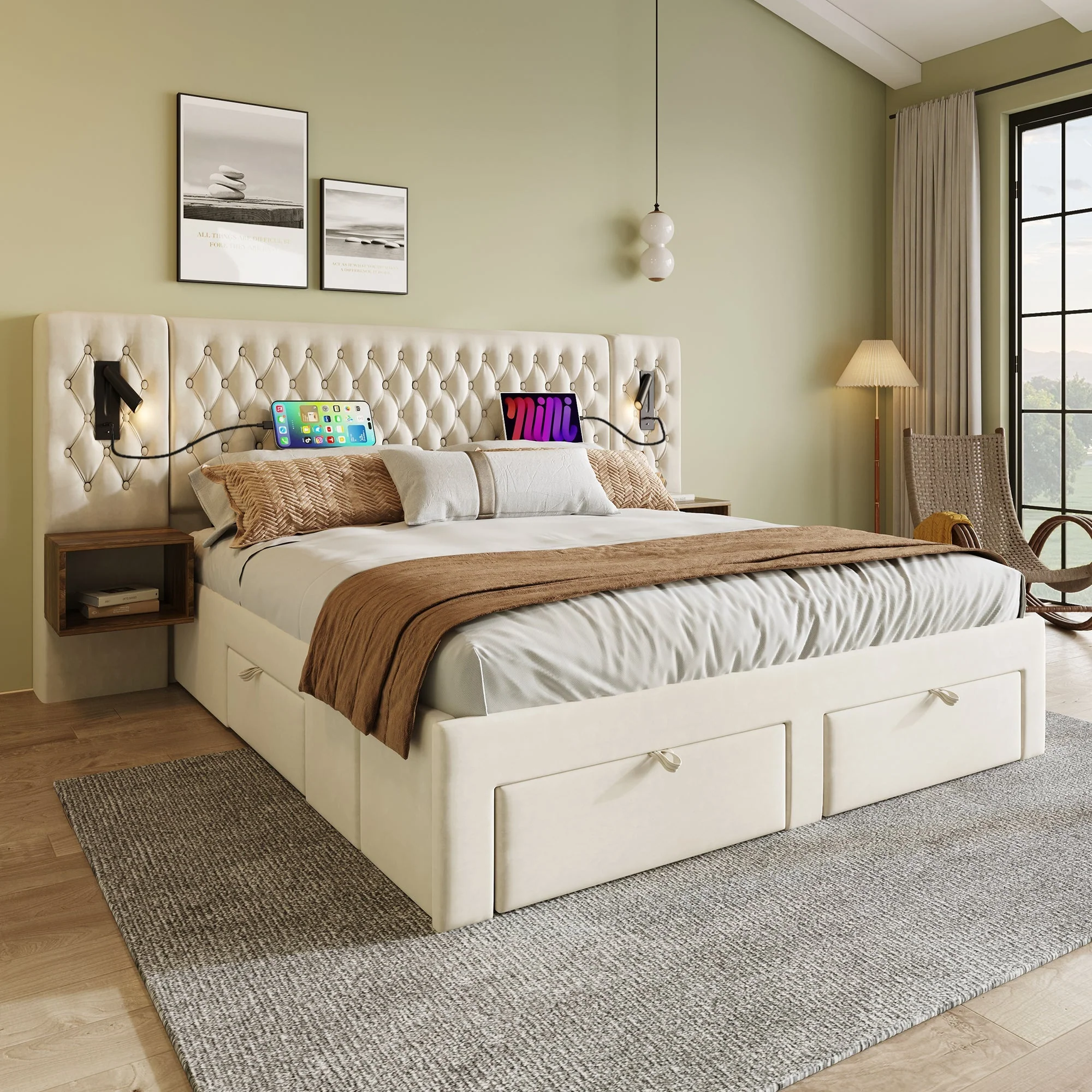 Bedroom Set, Upholstered Double Bed with 2 Nightstands & 4 Drawers, USB Reading Light, Beige Velvet - Image 9