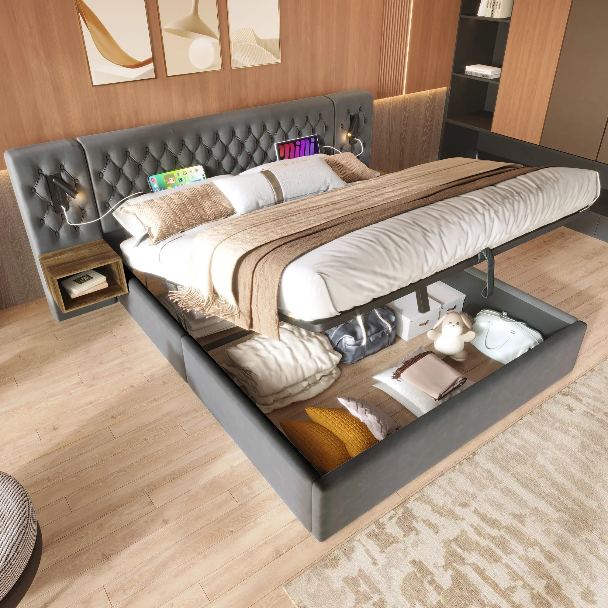 Bedroom Set, Upholstered Hydraulic Storage Double Bed 160x200cm with 2 Bedside Tables, Headboard Reading Light & USB, Gray Velvet - Image 10