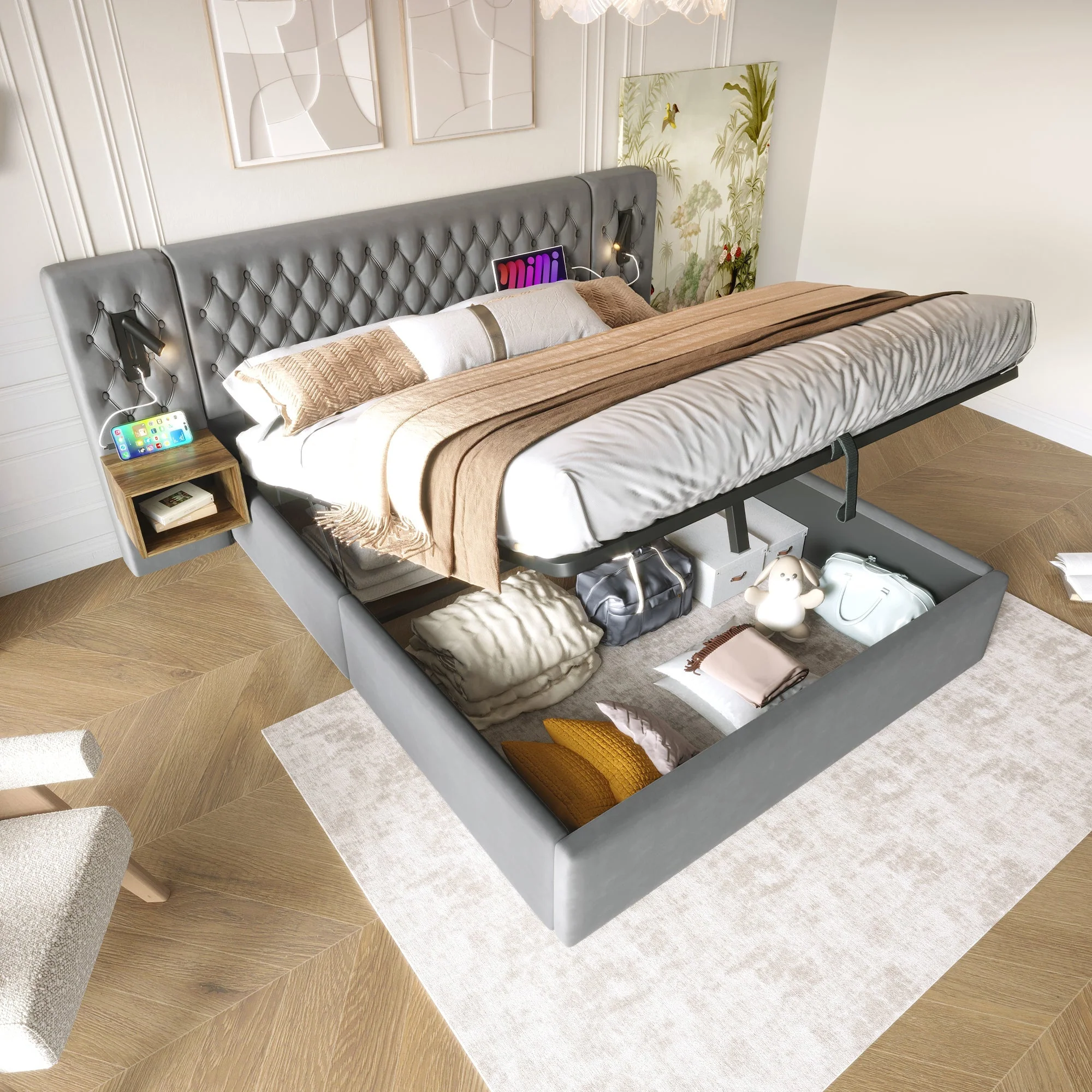 Bedroom Set, Upholstered Hydraulic Storage Double Bed 180x200cm with 2 Nightstands & Headboard Reading Light with USB, Gray Velvet - Image 10