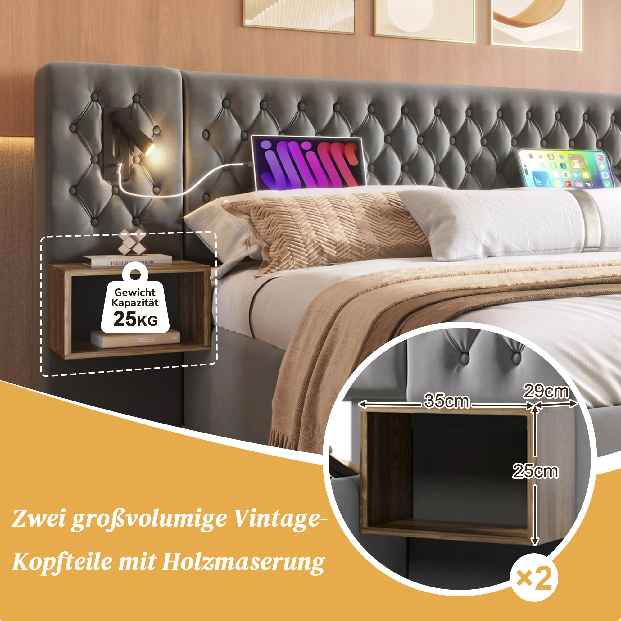Bedroom Set, Upholstered Hydraulic Storage Double Bed 180x200cm with 2 Nightstands & Headboard Reading Light with USB, Gray Velvet - Image 4