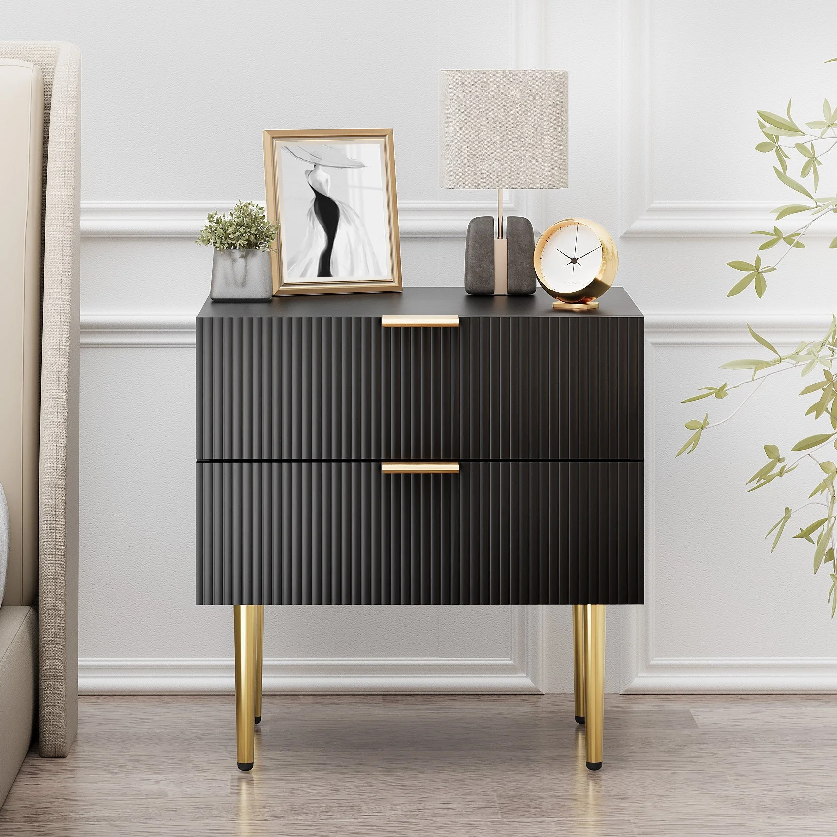 Bedside Table, 2 Drawers, Metal Legs, Black - Image 3