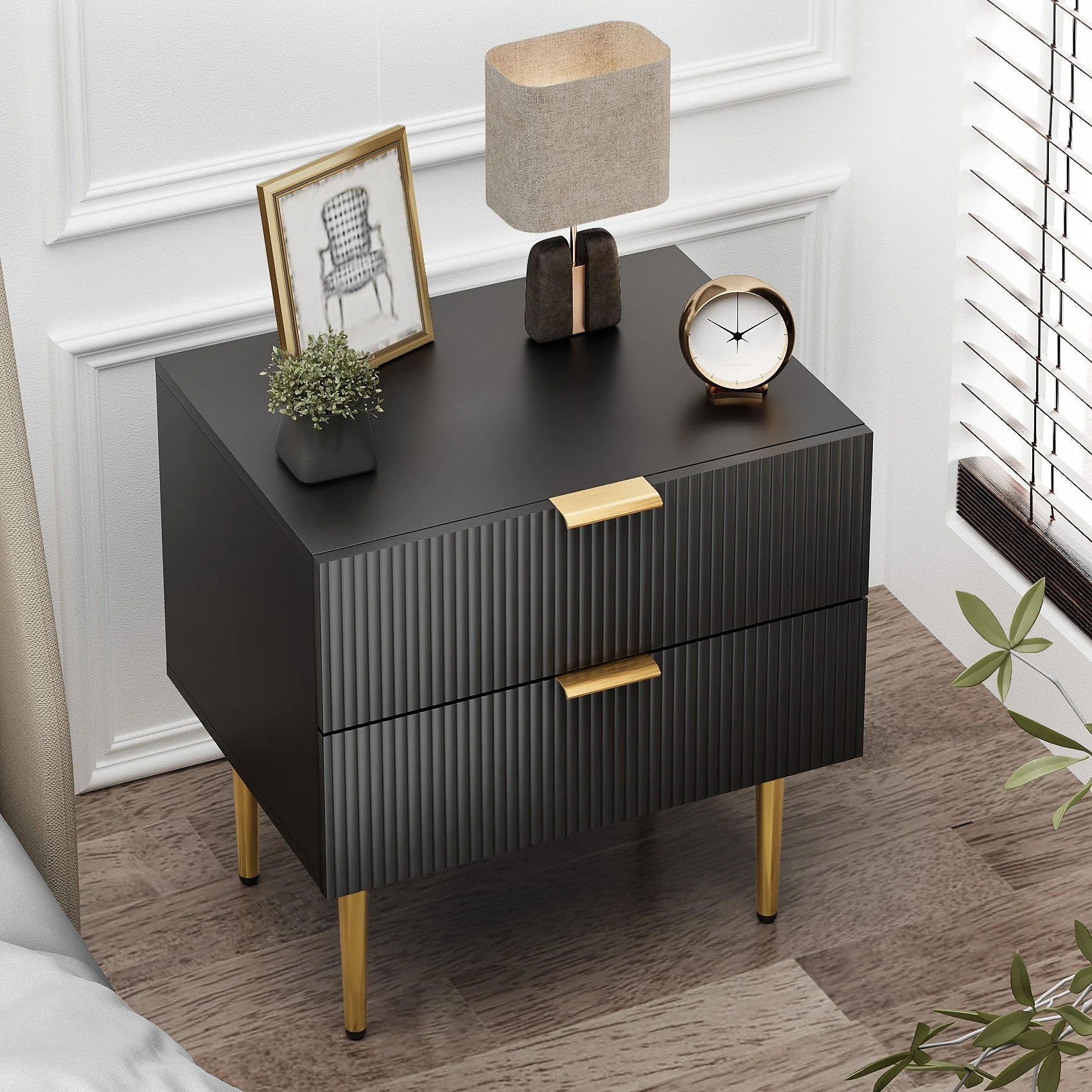 Bedside Table, 2 Drawers, Metal Legs, Black - Image 4