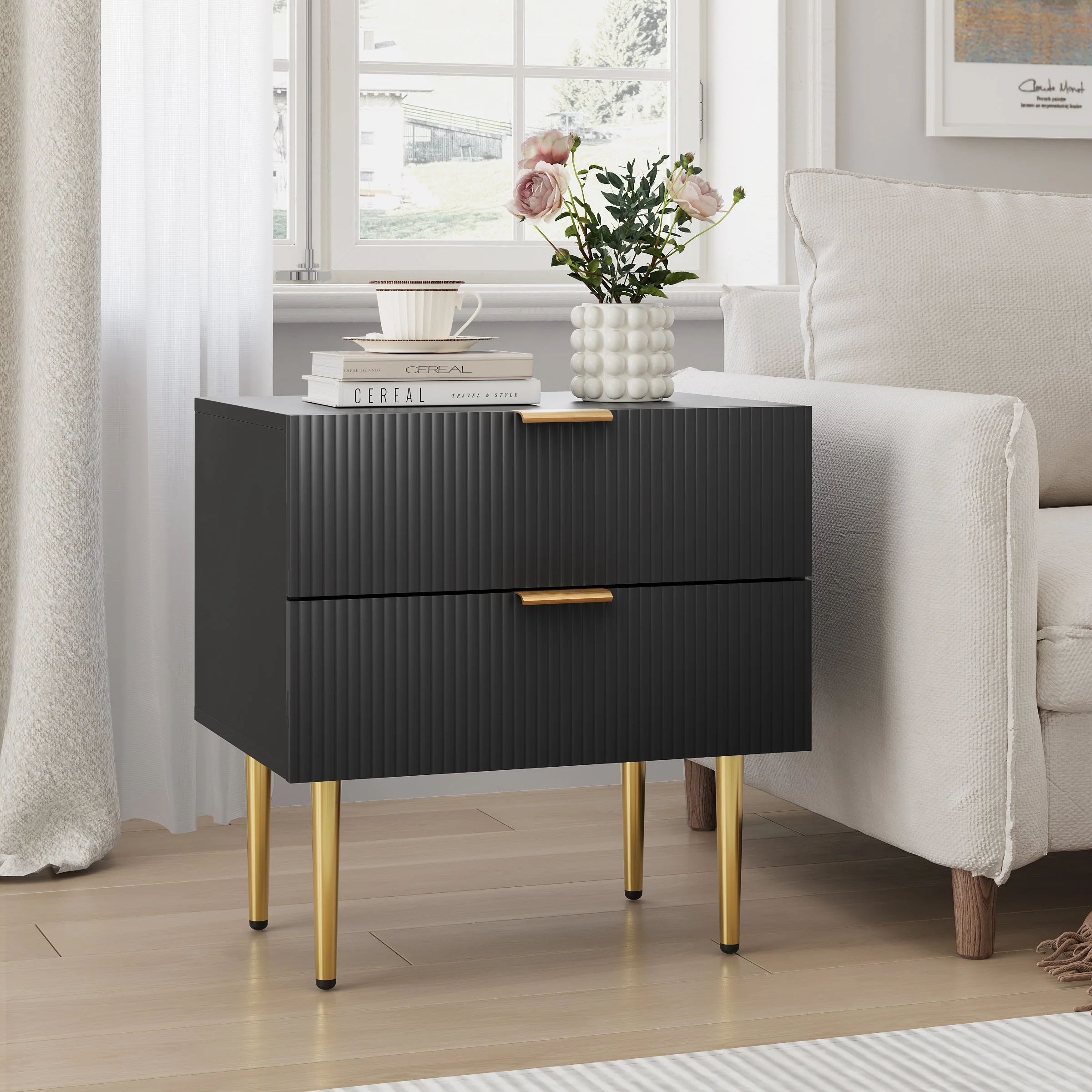 Bedside Table, 2 Drawers, Metal Legs, Black - Image 5