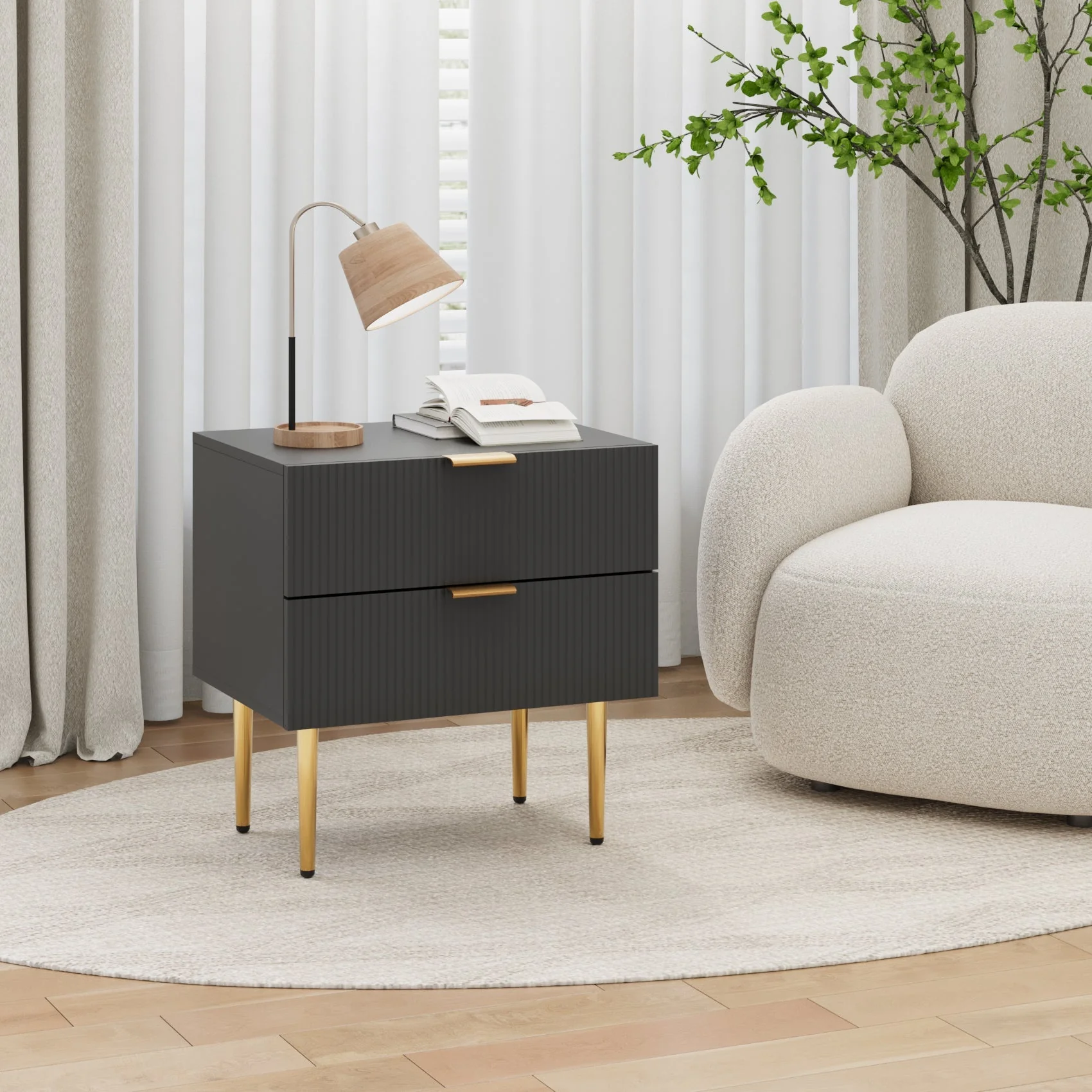 Bedside Table, 2 Drawers, Metal Legs, Black - Image 8