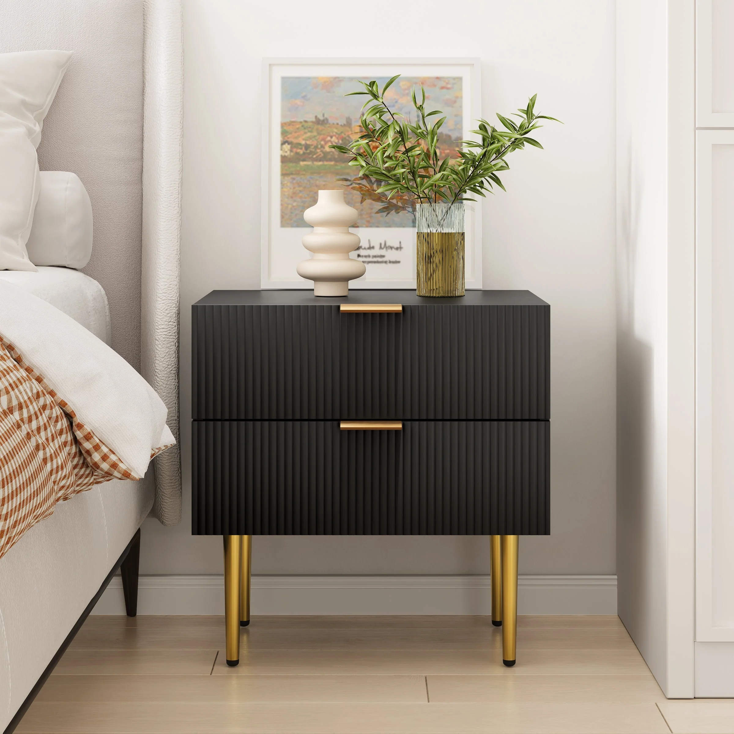 Bedside Table, 2 Drawers, Metal Legs, Black - Image 9