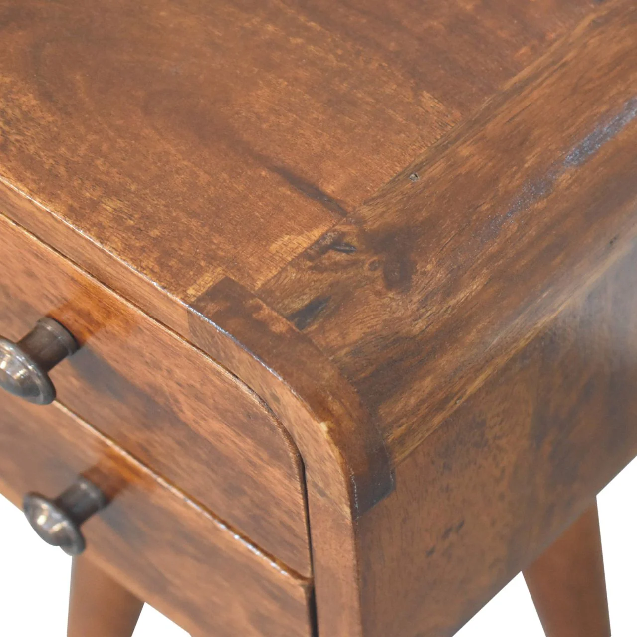 Bedside Table, Extra Mini Curved Chestnut 2 Drawers, Dark Brown Solid Wood - Image 2