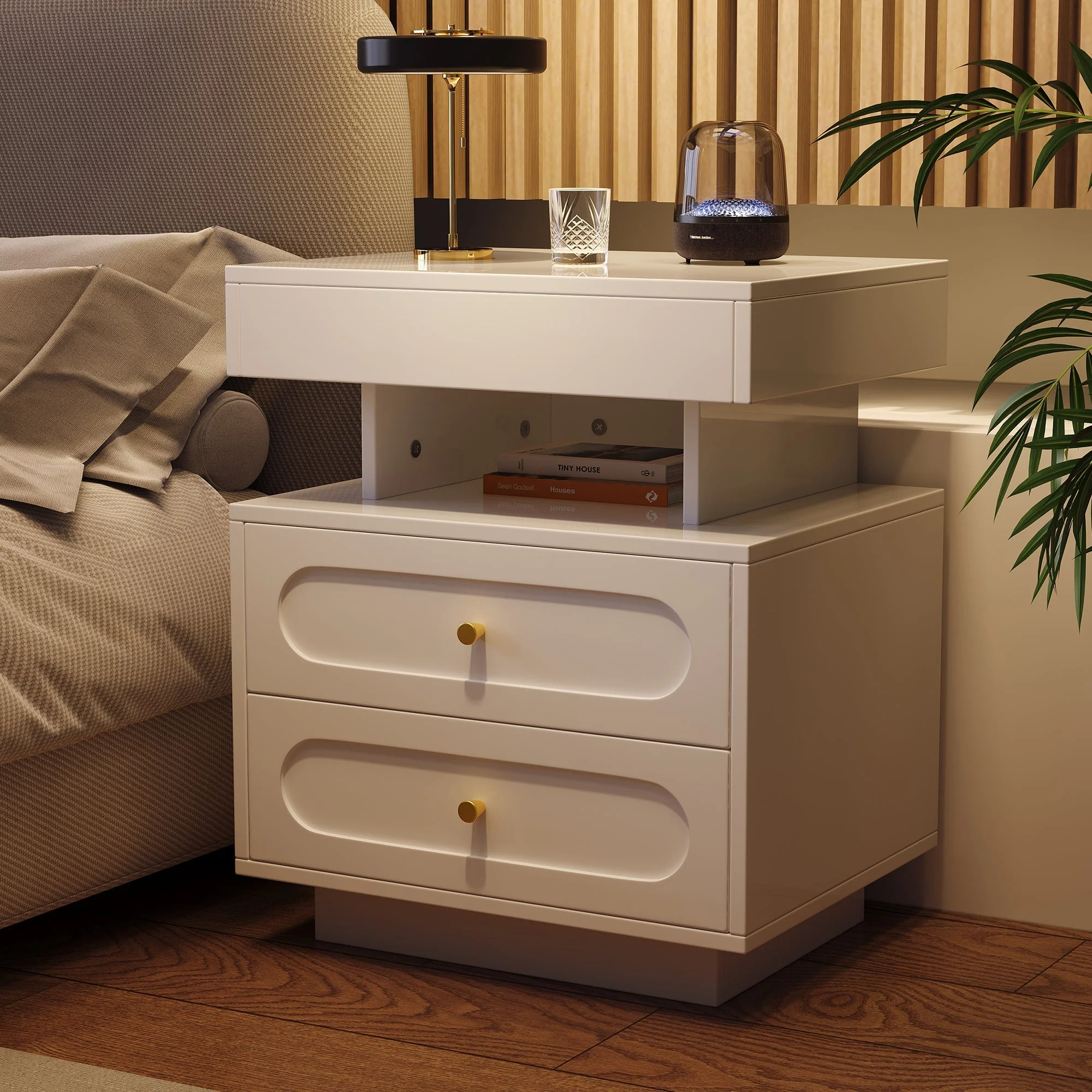 Bedside Table Nightstand with LED, 2 Drawers & Open Storage, White - Image 4