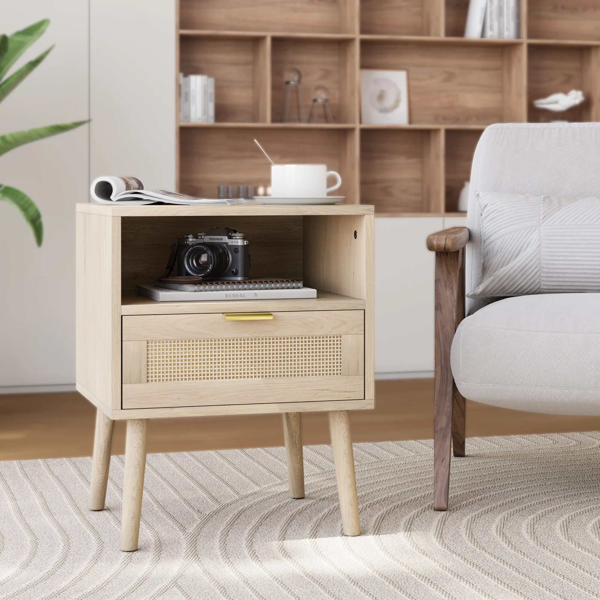 Bedside Table Open Shelf Gold Handle 45x40cm Vine