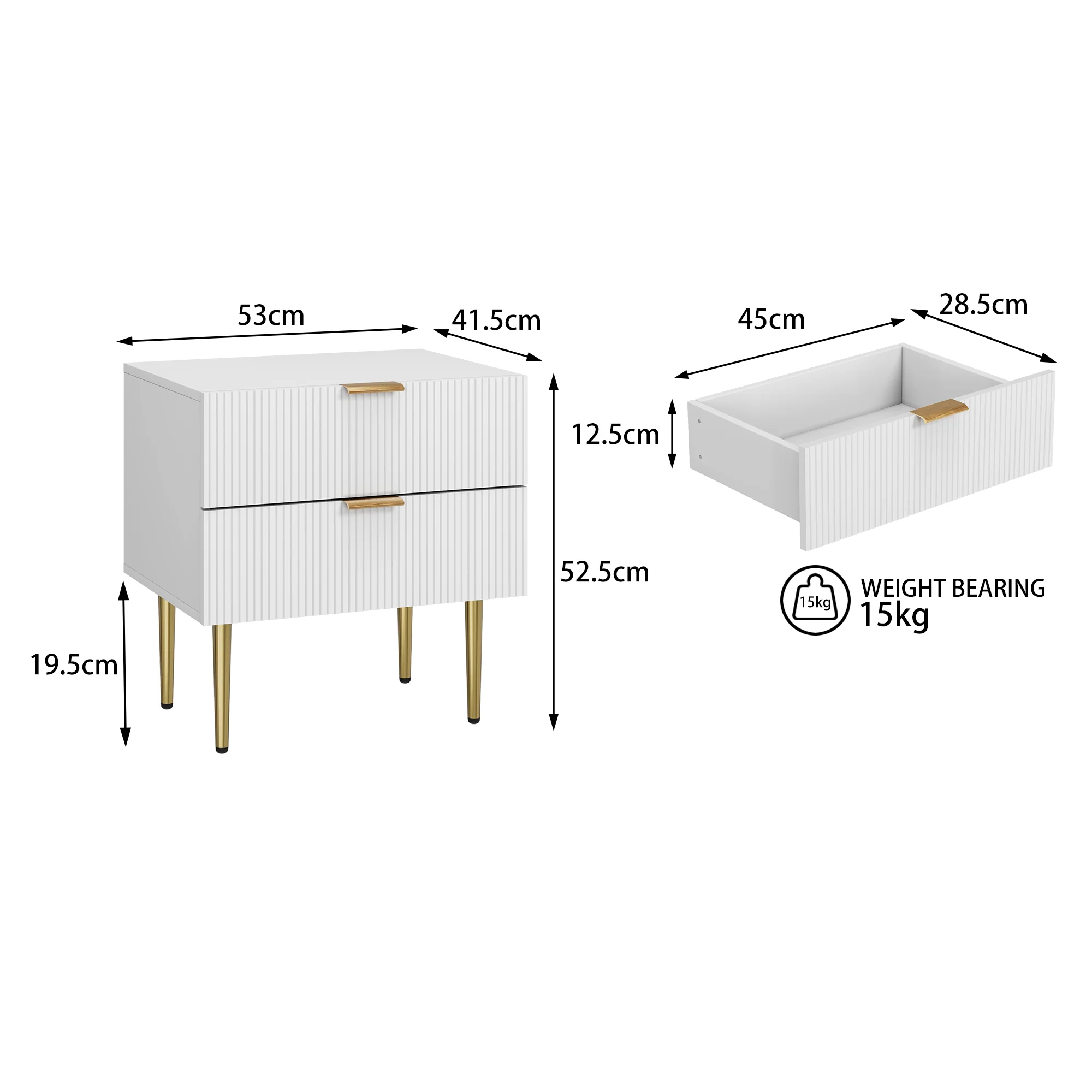 Bedside Table Wave Pattern 2 Drawers Metal Legs - White - Image 2