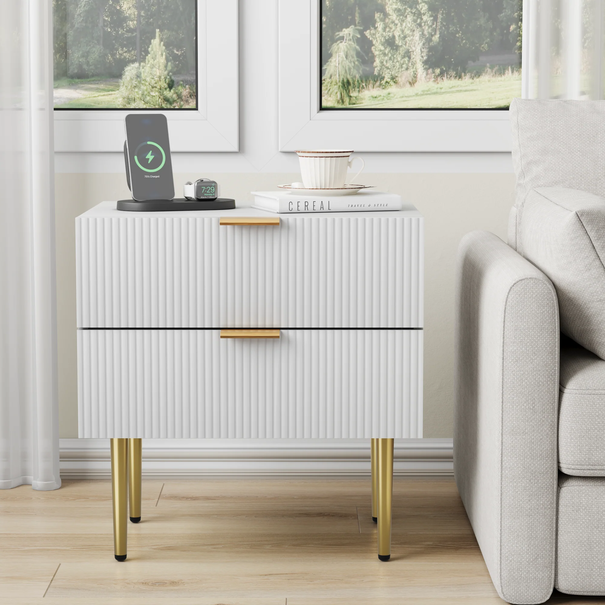 Bedside Table Wave Pattern 2 Drawers Metal Legs - White - Image 3