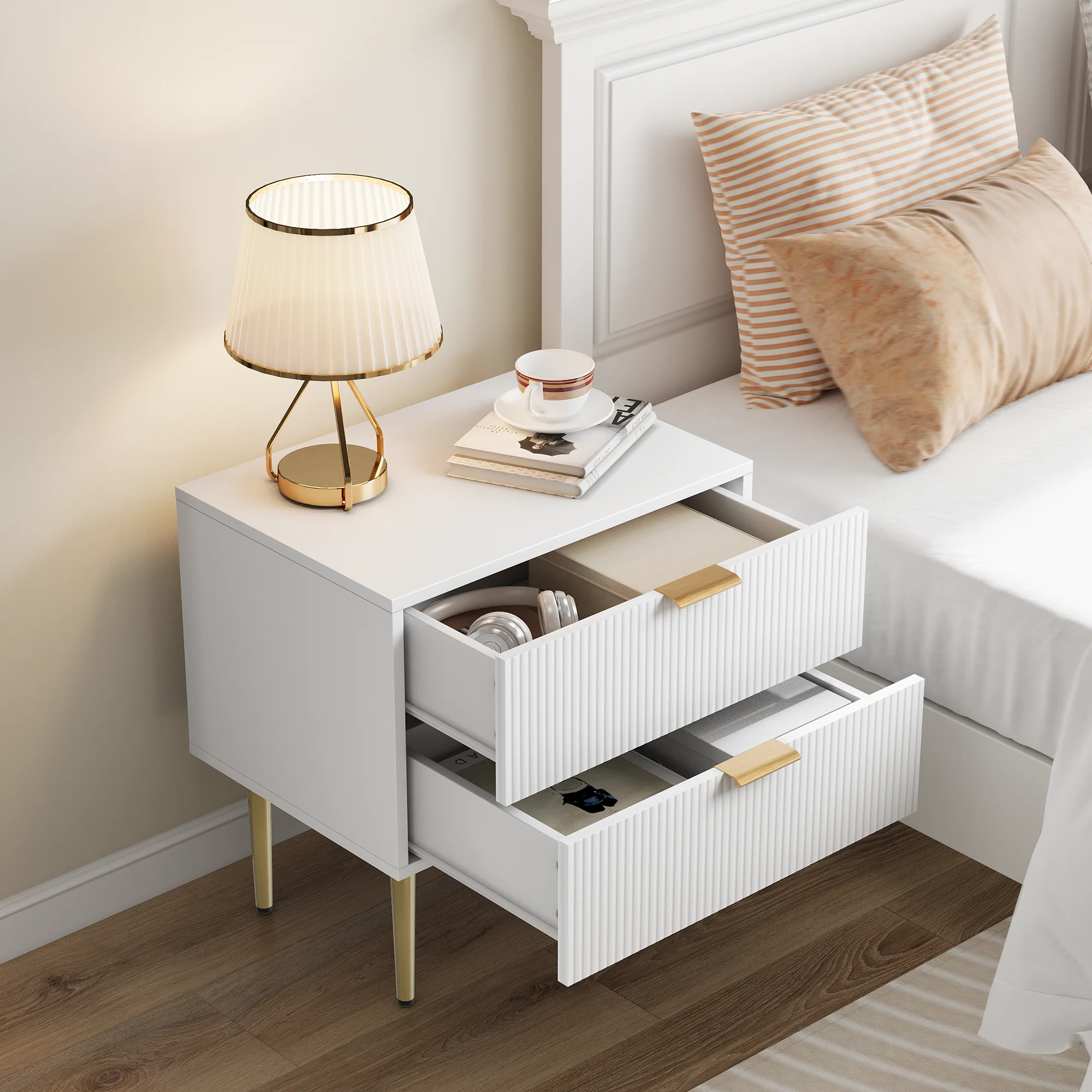 Bedside Table Wave Pattern 2 Drawers Metal Legs - White - Image 4