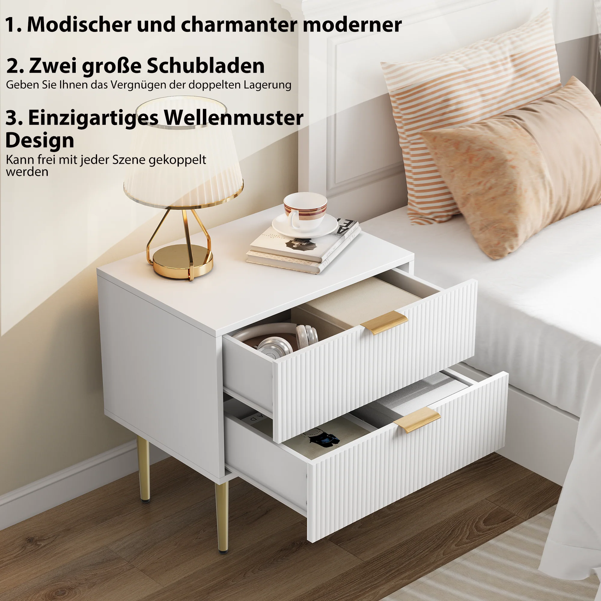 Bedside Table Wave Pattern 2 Drawers Metal Legs - White - Image 6