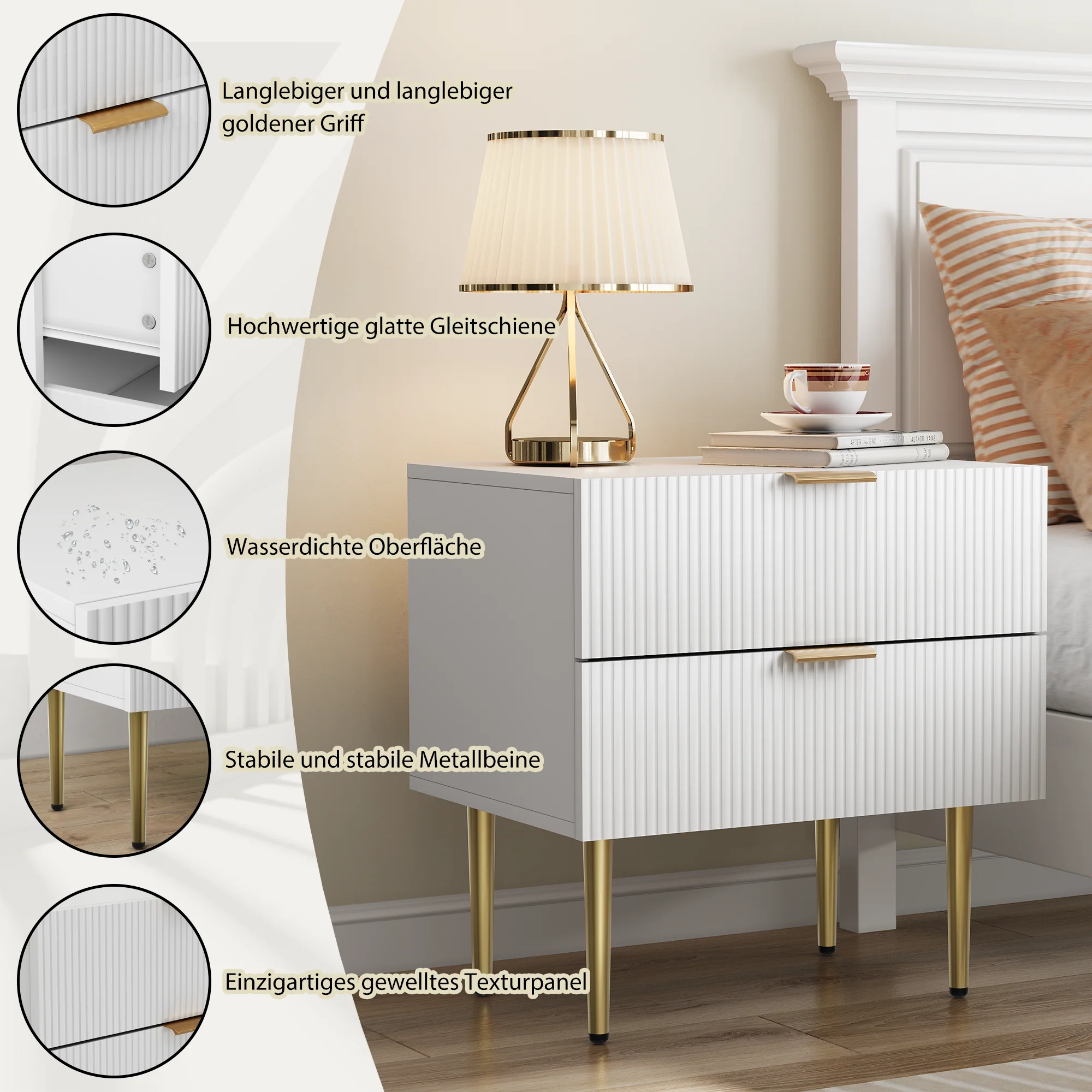 Bedside Table Wave Pattern 2 Drawers Metal Legs - White - Image 7
