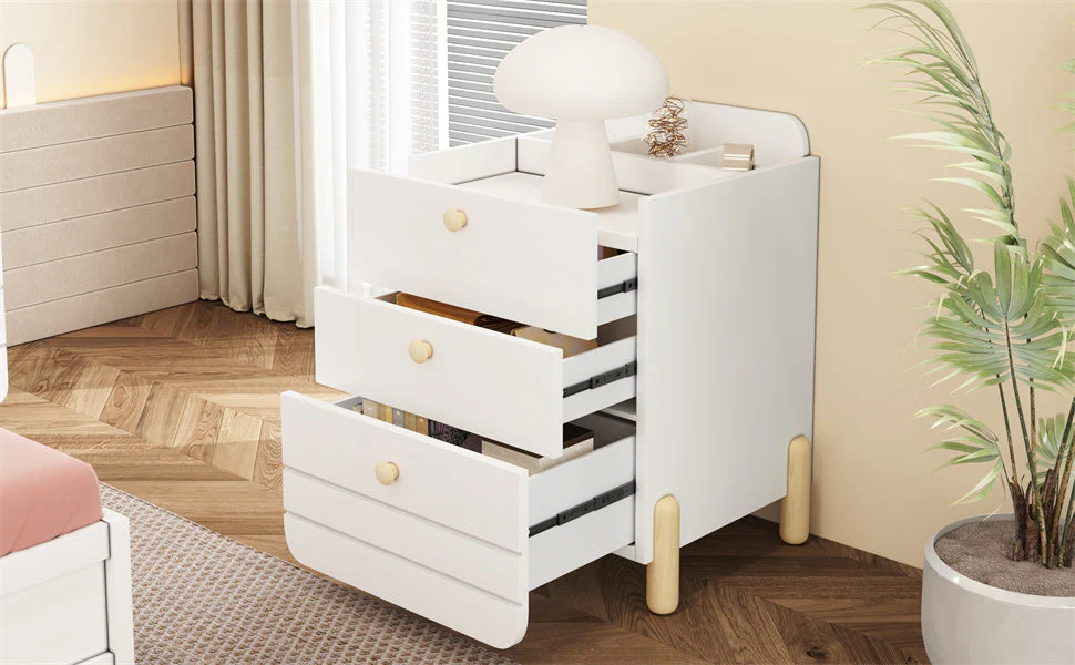 Bedside Table with 3 Drawers, Silent Design, Wood Feet, White - Image 4