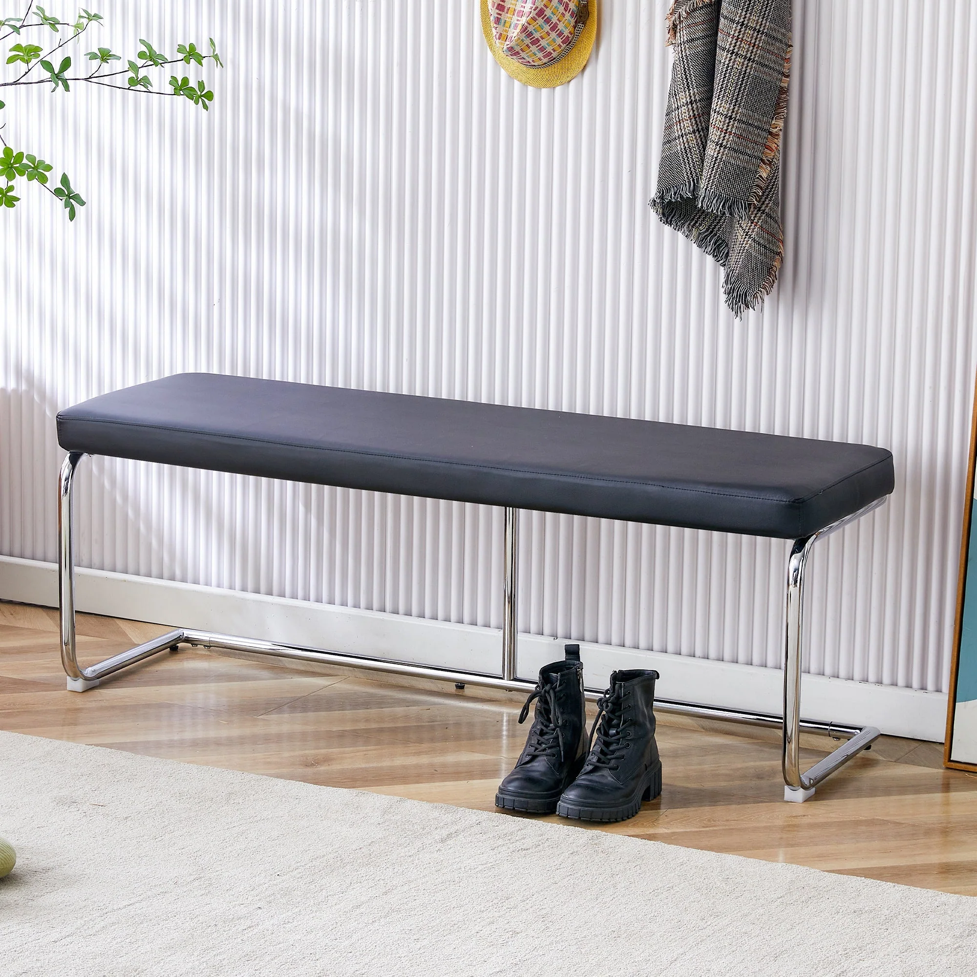 Bench 130cm Modern Chrome Frame - Black Leather - Image 2