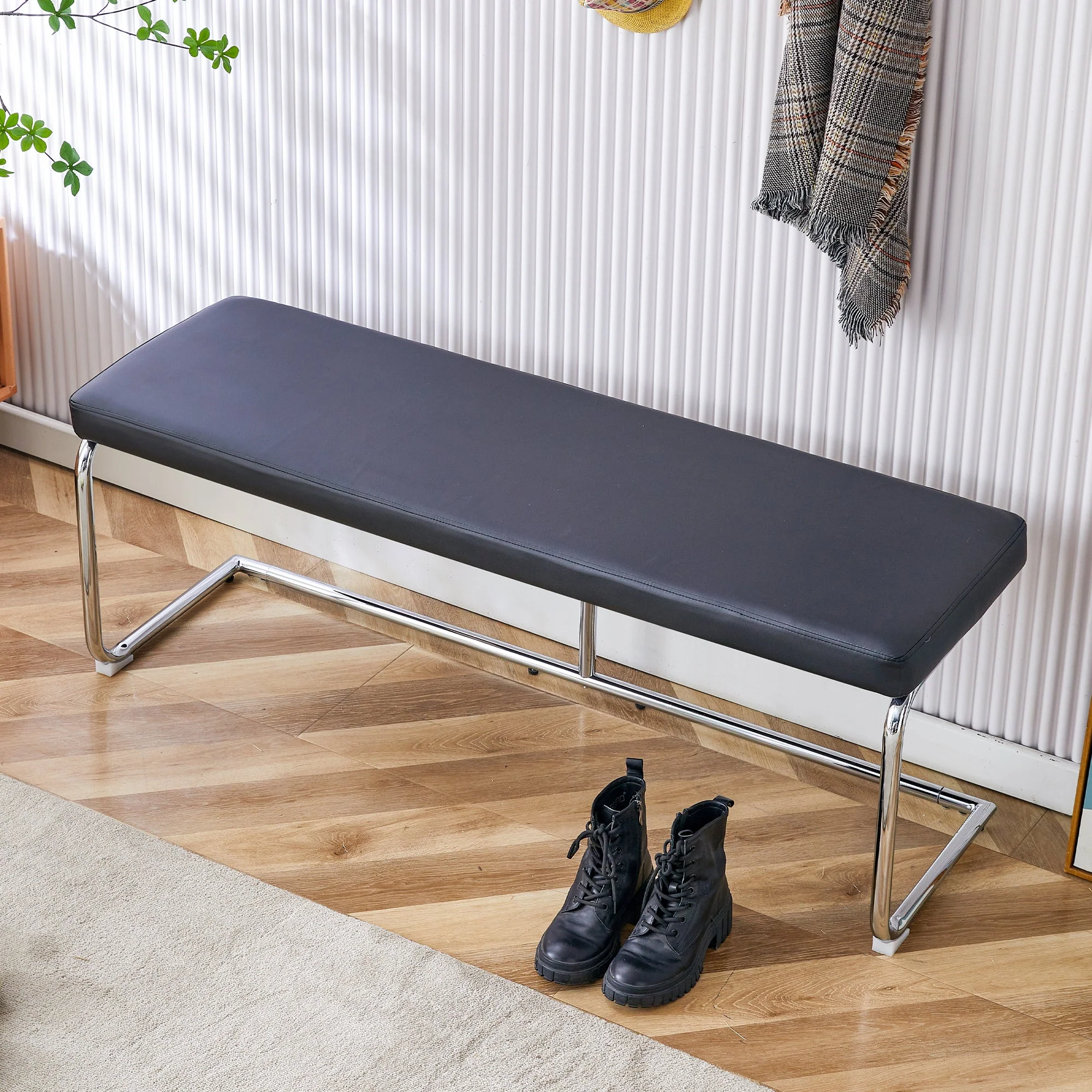 Bench 130cm Modern Chrome Frame - Black Leather - Image 3
