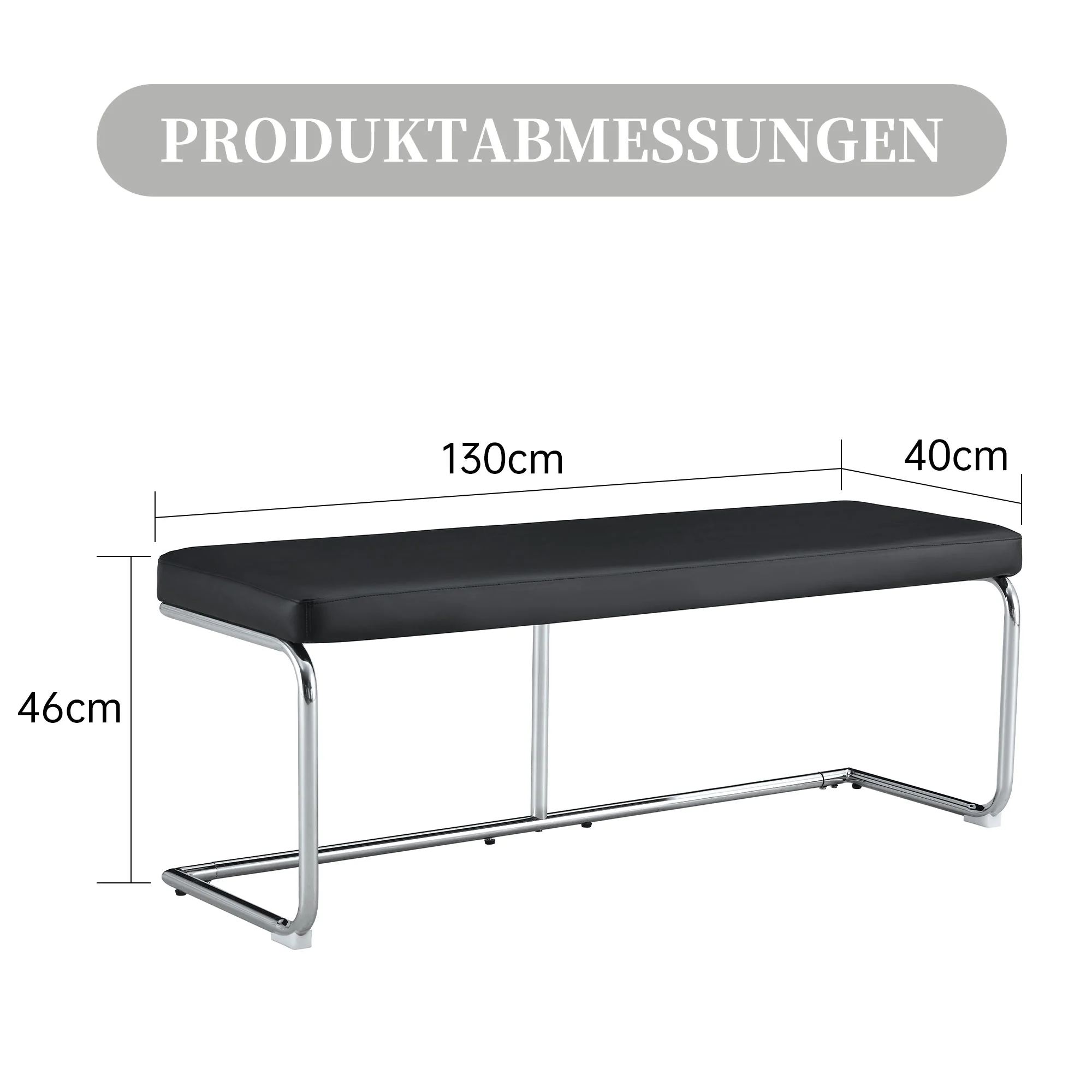Bench 130cm Modern Chrome Frame - Black Leather - Image 4