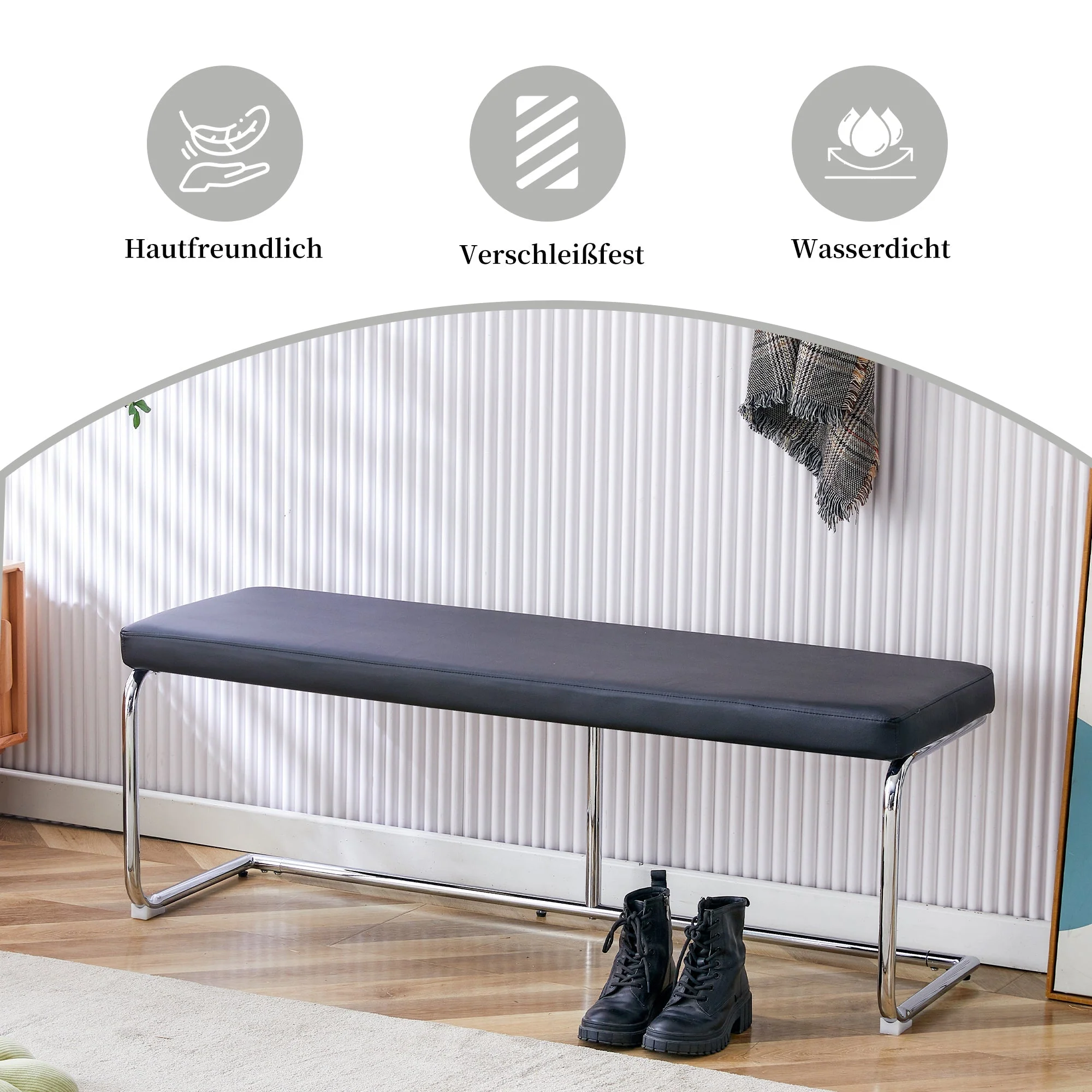 Bench 130cm Modern Chrome Frame - Black Leather - Image 5
