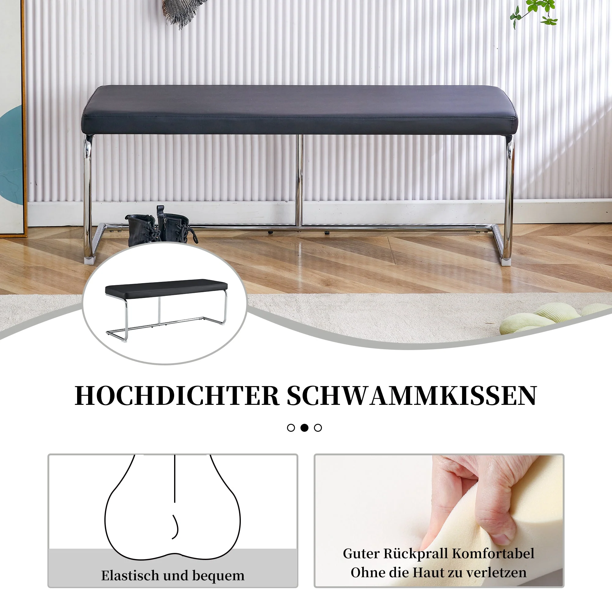 Bench 130cm Modern Chrome Frame - Black Leather - Image 6