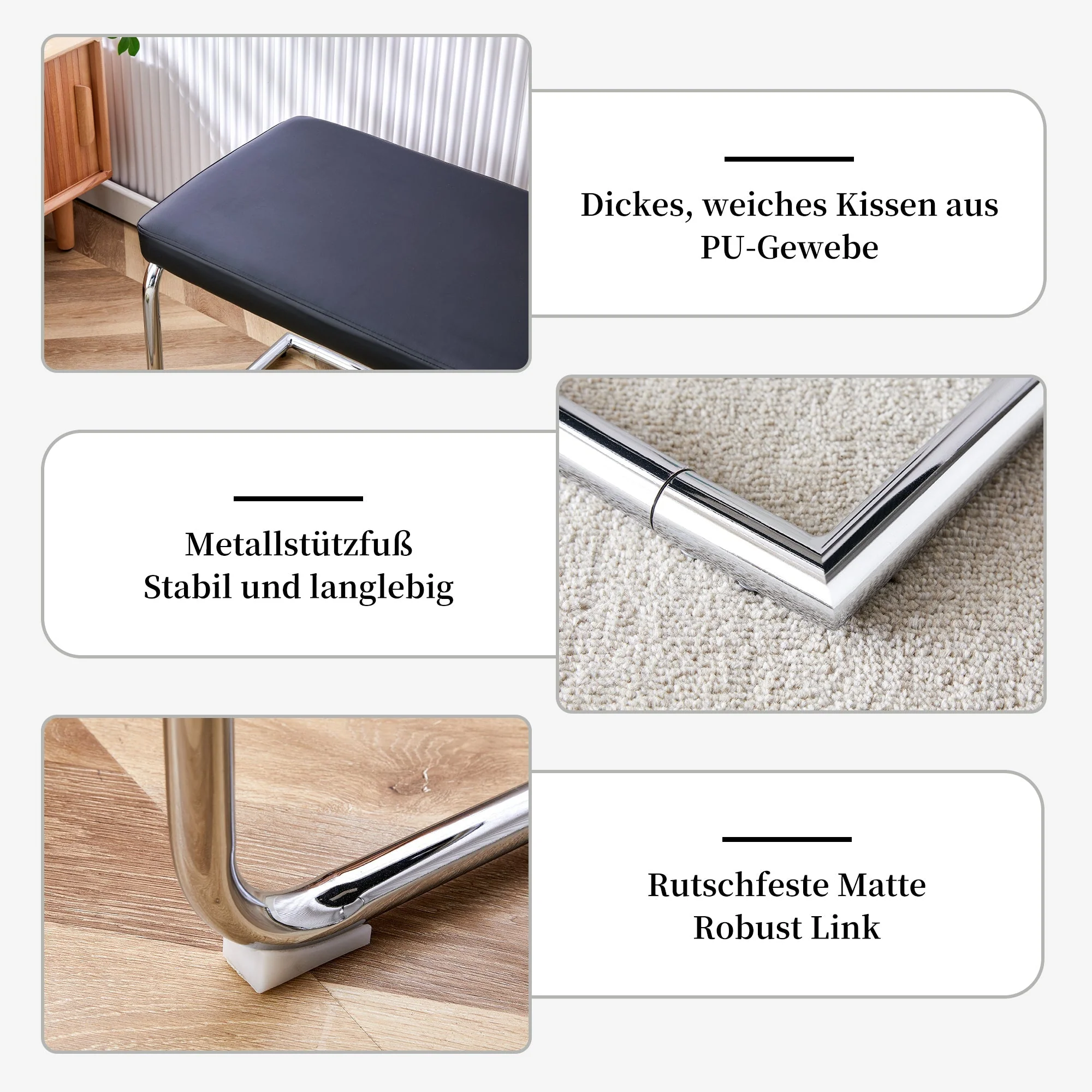 Bench 130cm Modern Chrome Frame - Black Leather - Image 7