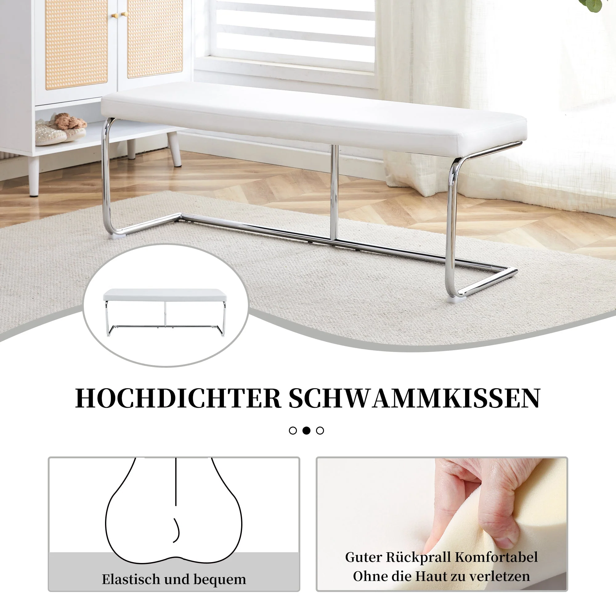 Bench 130cm Modern Chrome Frame - White Leather - Image 6