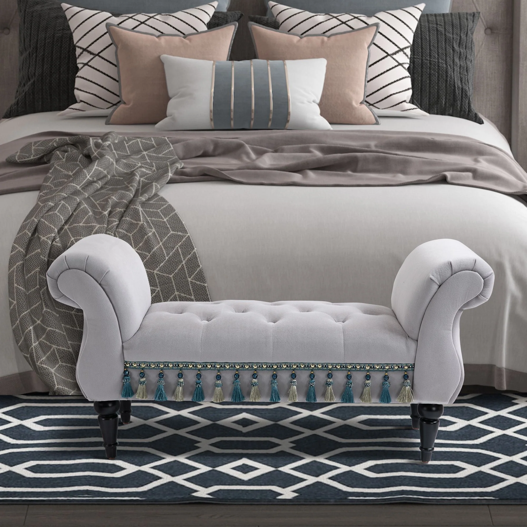 Bench Upholstered Bed Stool Wooden, Grey Polyester