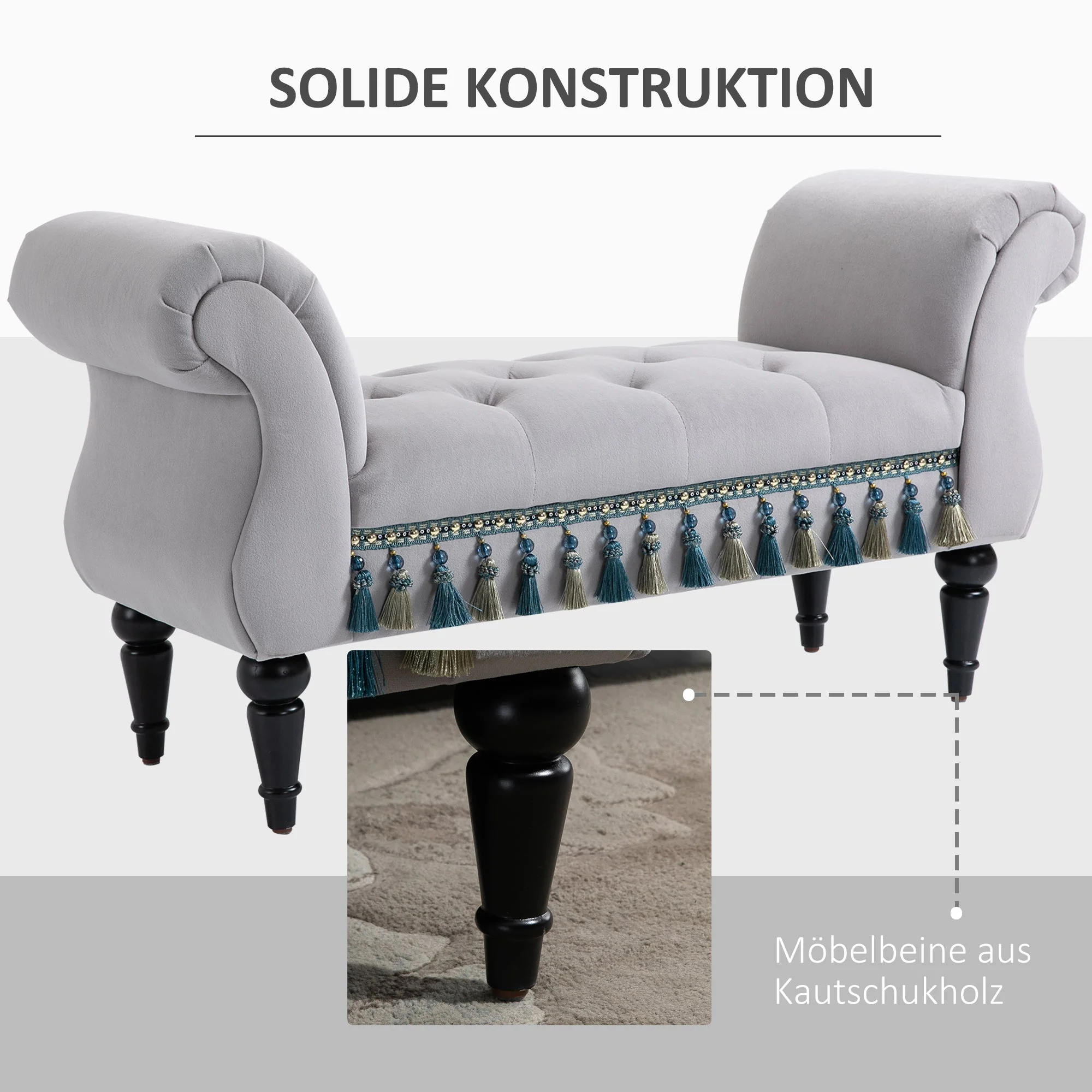 Bench Upholstered Bed Stool Wooden, Grey Polyester - Image 4