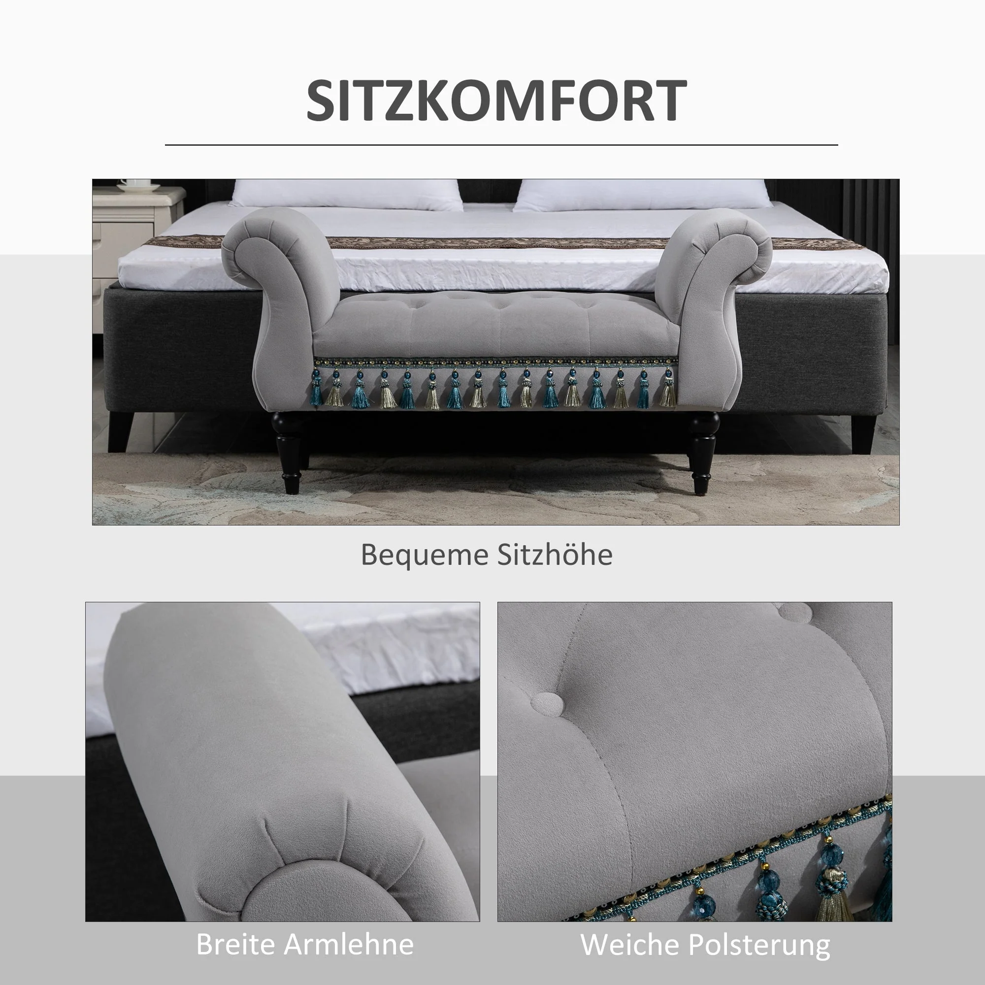 Bench Upholstered Bed Stool Wooden, Grey Polyester - Image 6