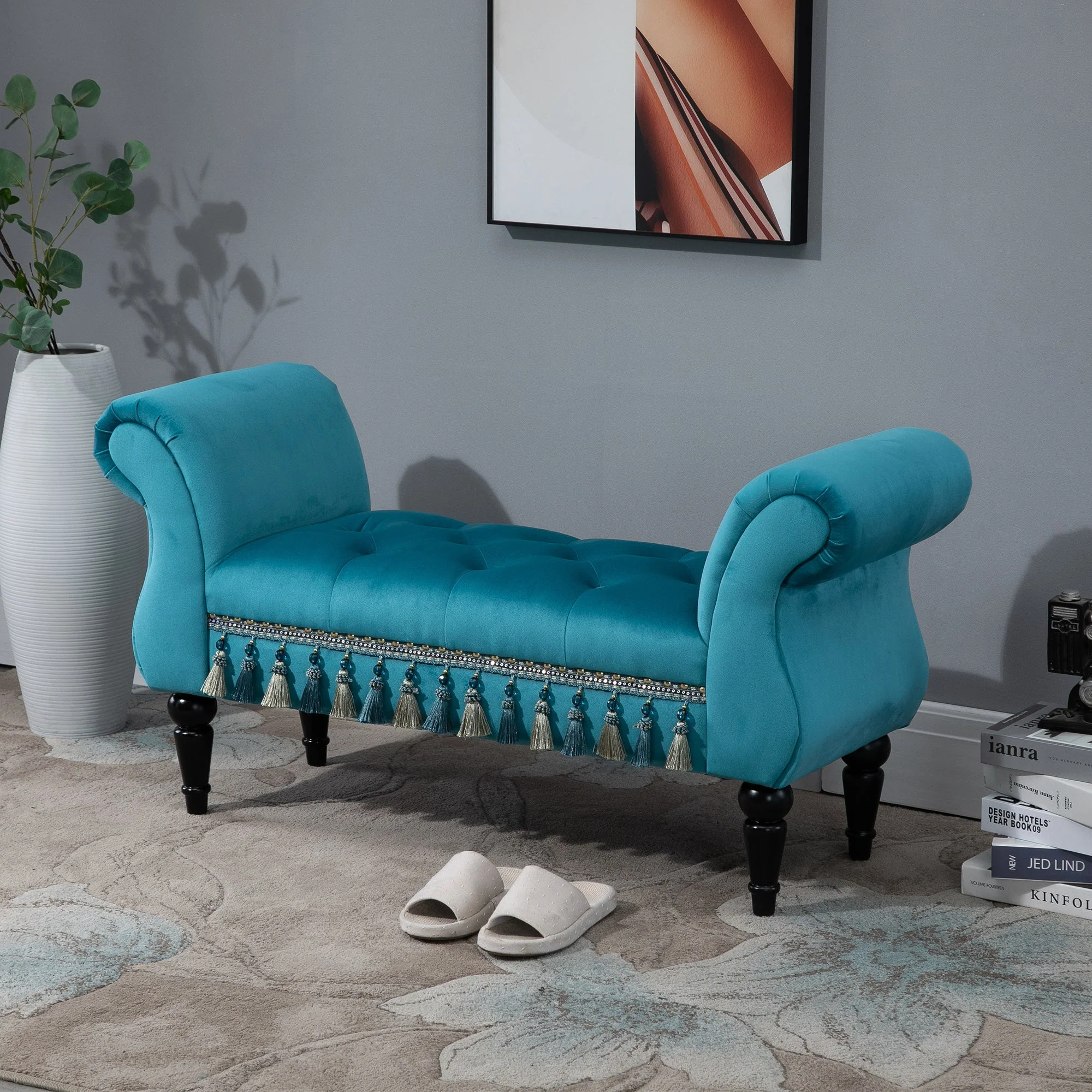 Bench Upholstered Stool, Polyester Foam, Blue - Image 2