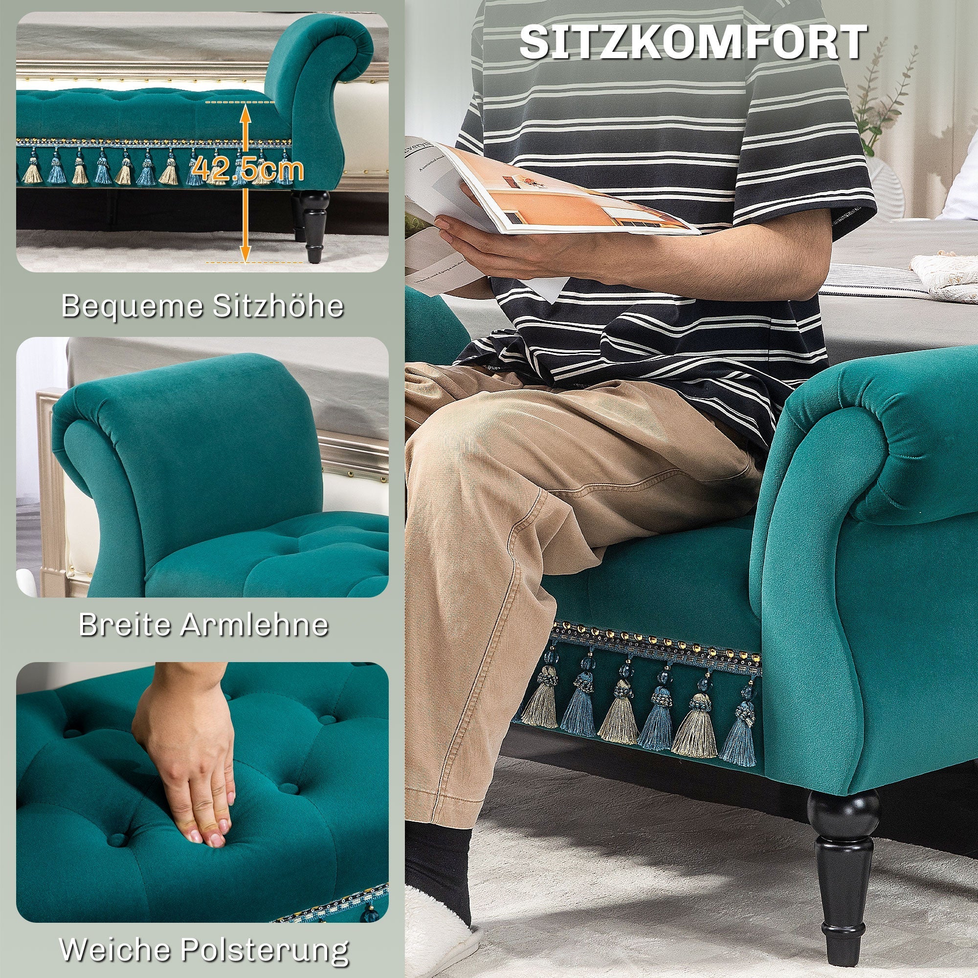 Bench, Upholstered Velvet Look 117 x 40 x 58 cm, Green - Image 6