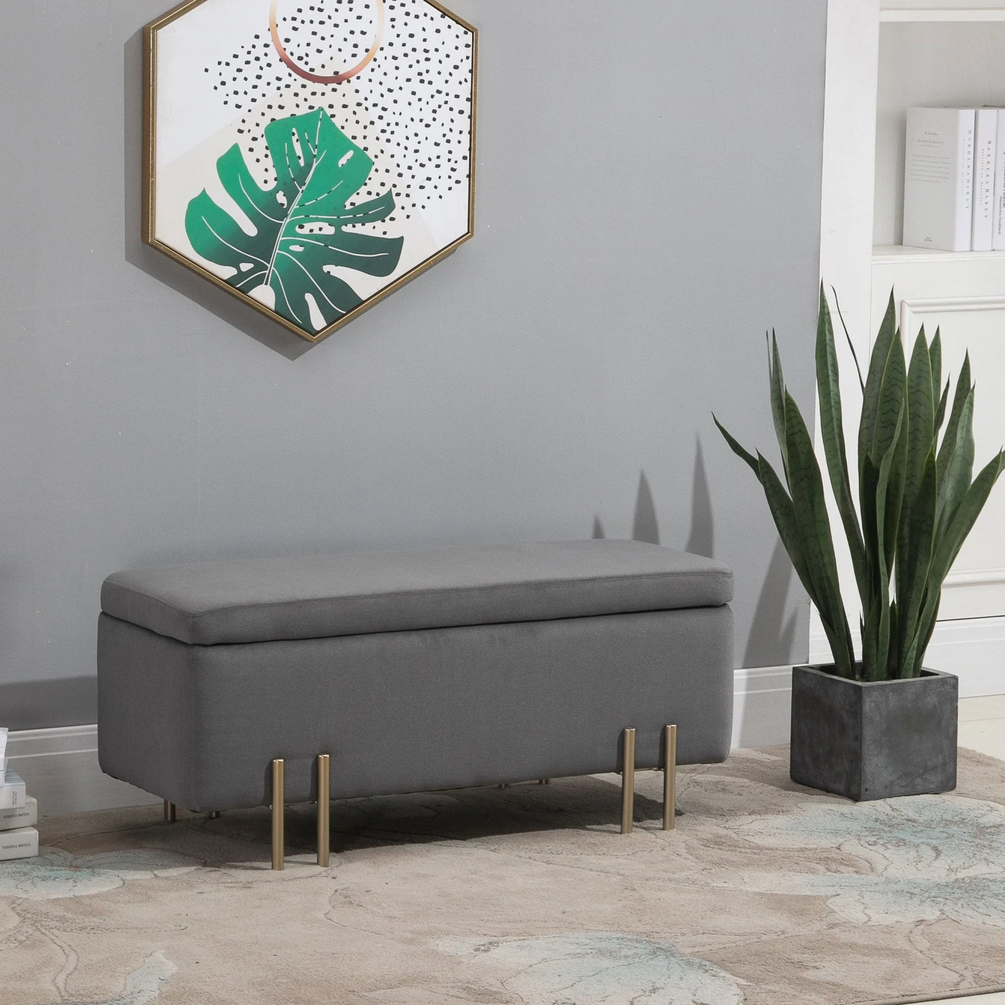 Bench with storage space chest, upholstered, dark grey fabric - Image 2