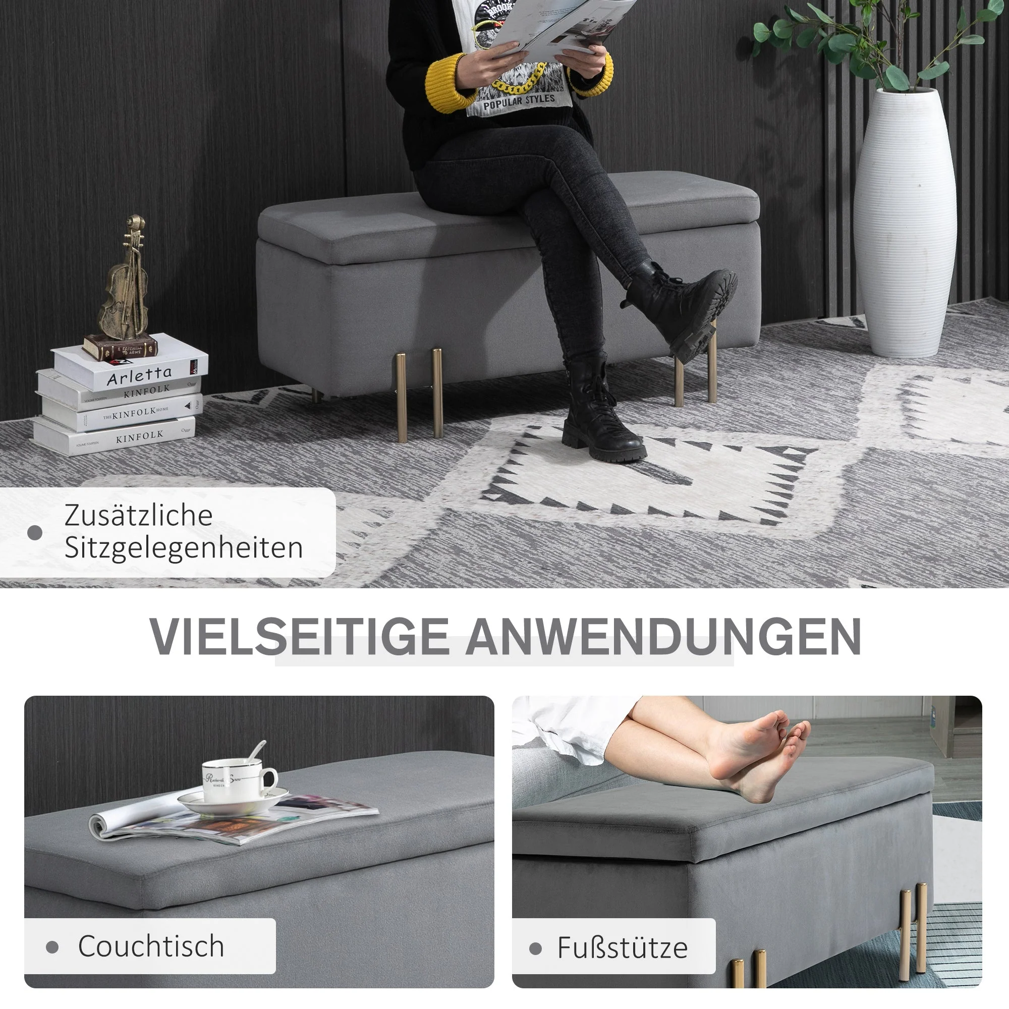 Bench with storage space chest, upholstered, dark grey fabric - Image 4