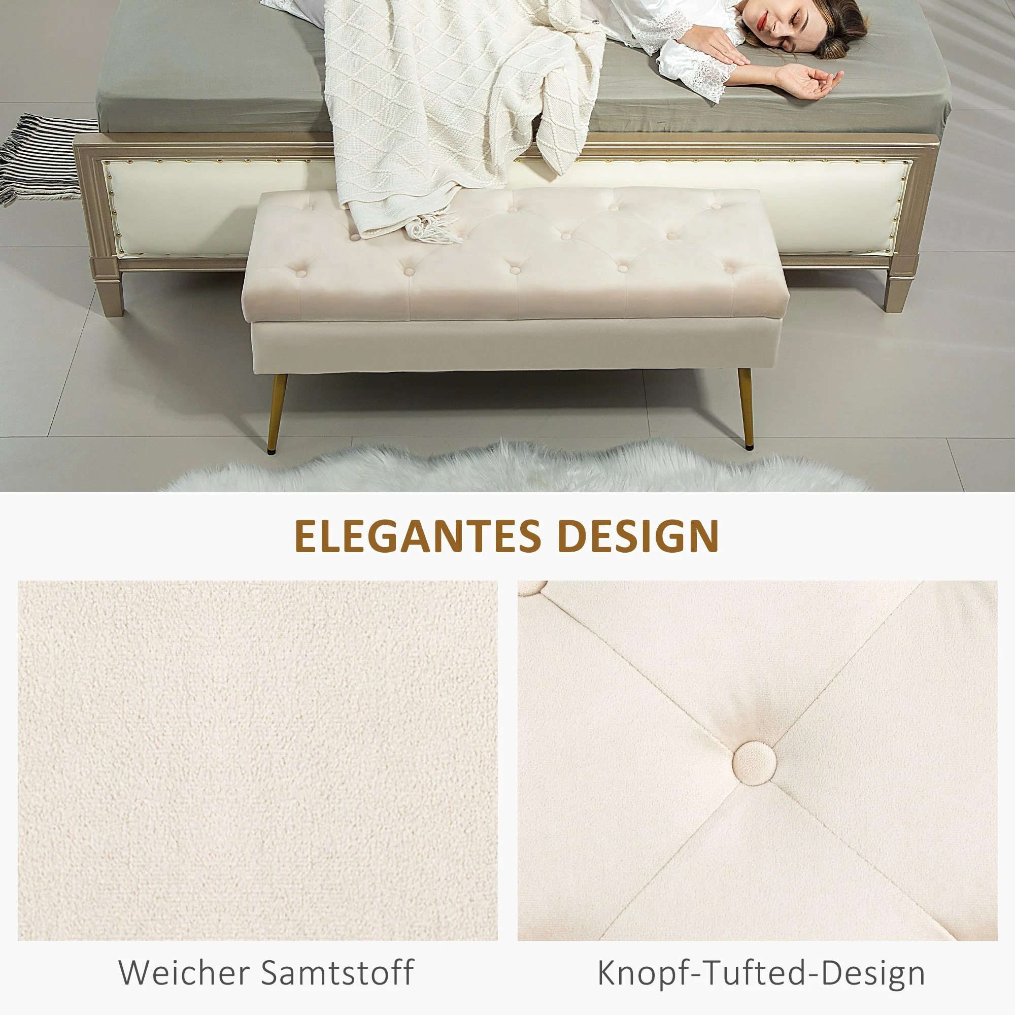 Bench with Storage, Upholstered Lid, Metal Frame, Beige - Image 6