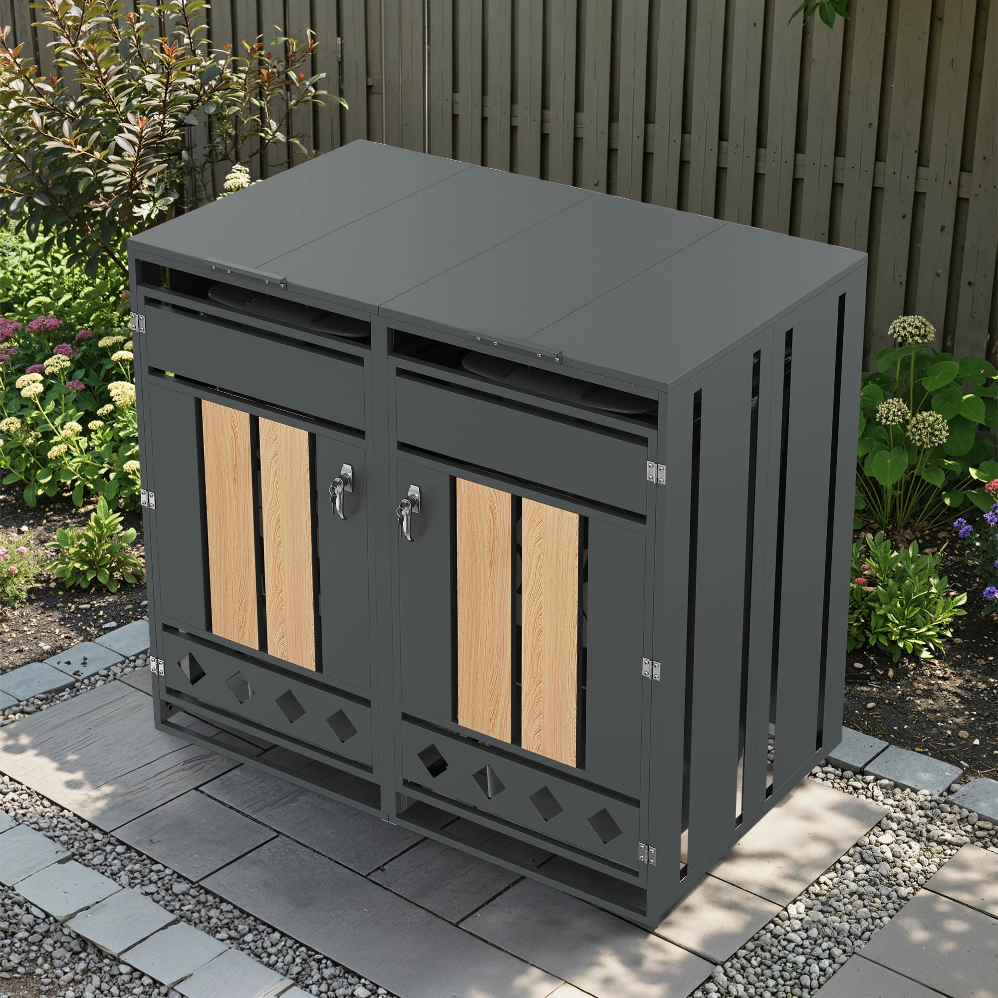 Bin Storage Box with Hinged Lid and Lockable Two Doors, Vertical Wood Grain - Image 5