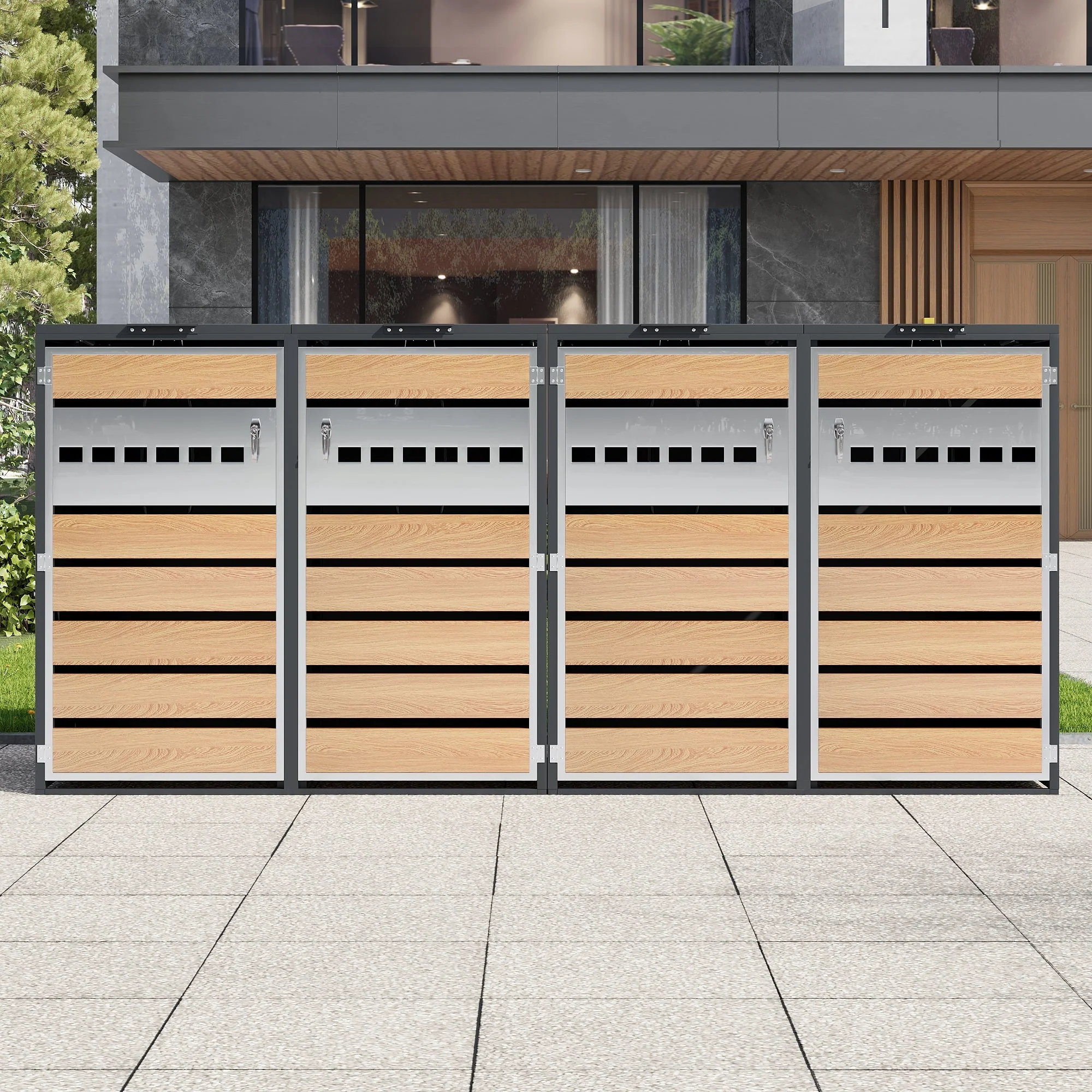 Bin Storage Box with Hinged Lid, Lockable and Four Doors, Horizontal Wood Grain Blocks - Image 5