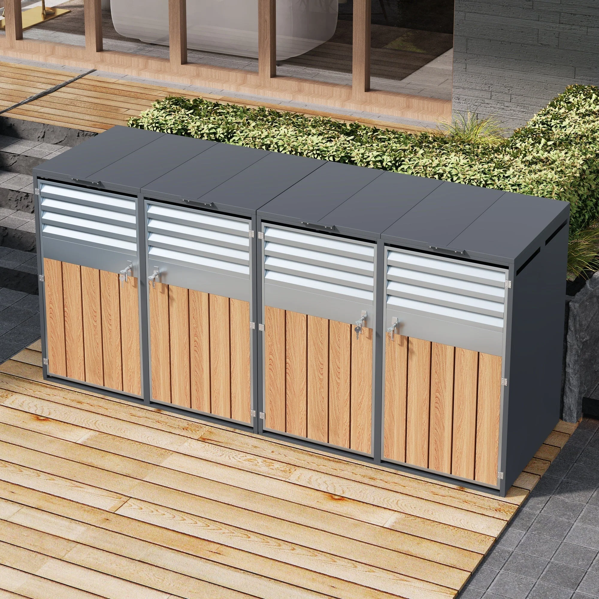 Bin Storage Box with Hinged Lid, Louvered Ventilation and 4 Lockable Doors, Metal - Image 7