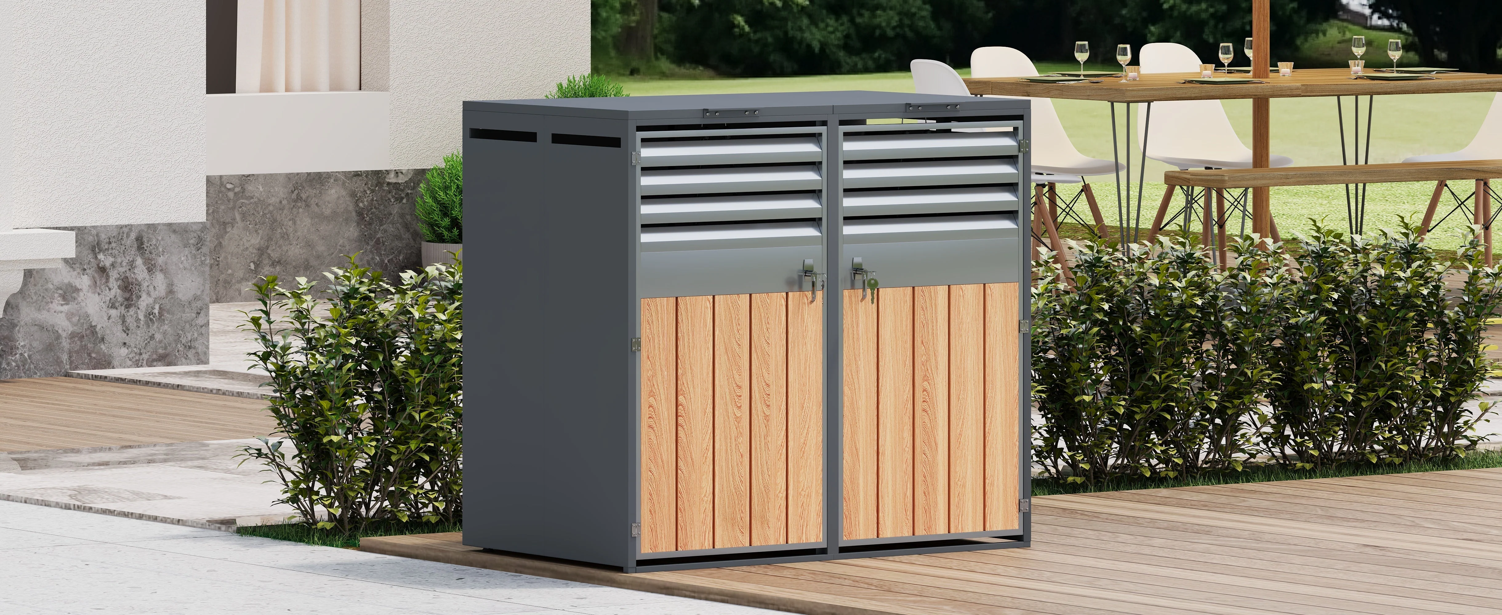 Bin Storage Box with Hinged Lid, Louvered Ventilation and Two Doors, Lockable Plastic - Image 7