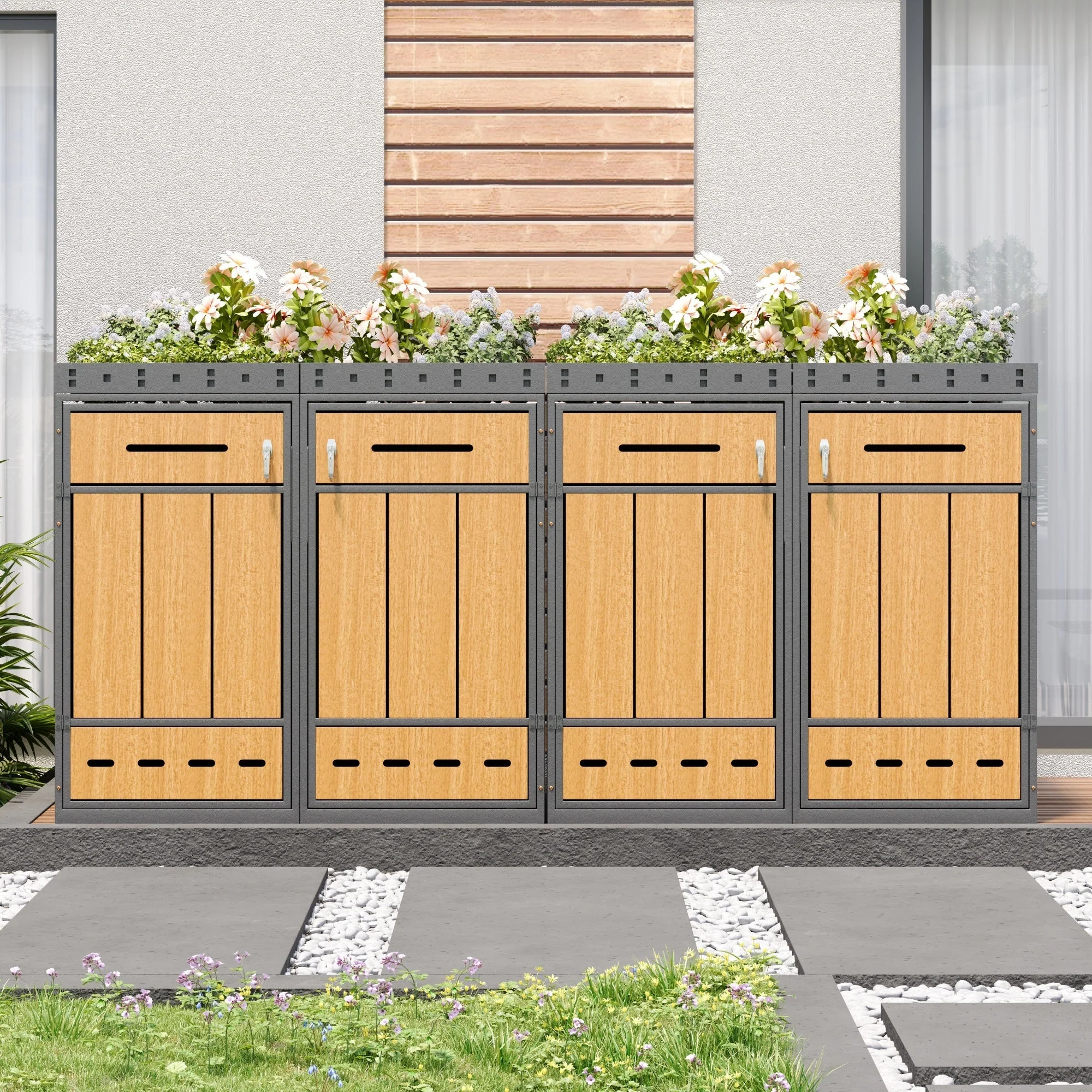 Bin Storage Unit with Green Roof for Four 120-240L Bins, Anthracite Wood-Look - Image 5