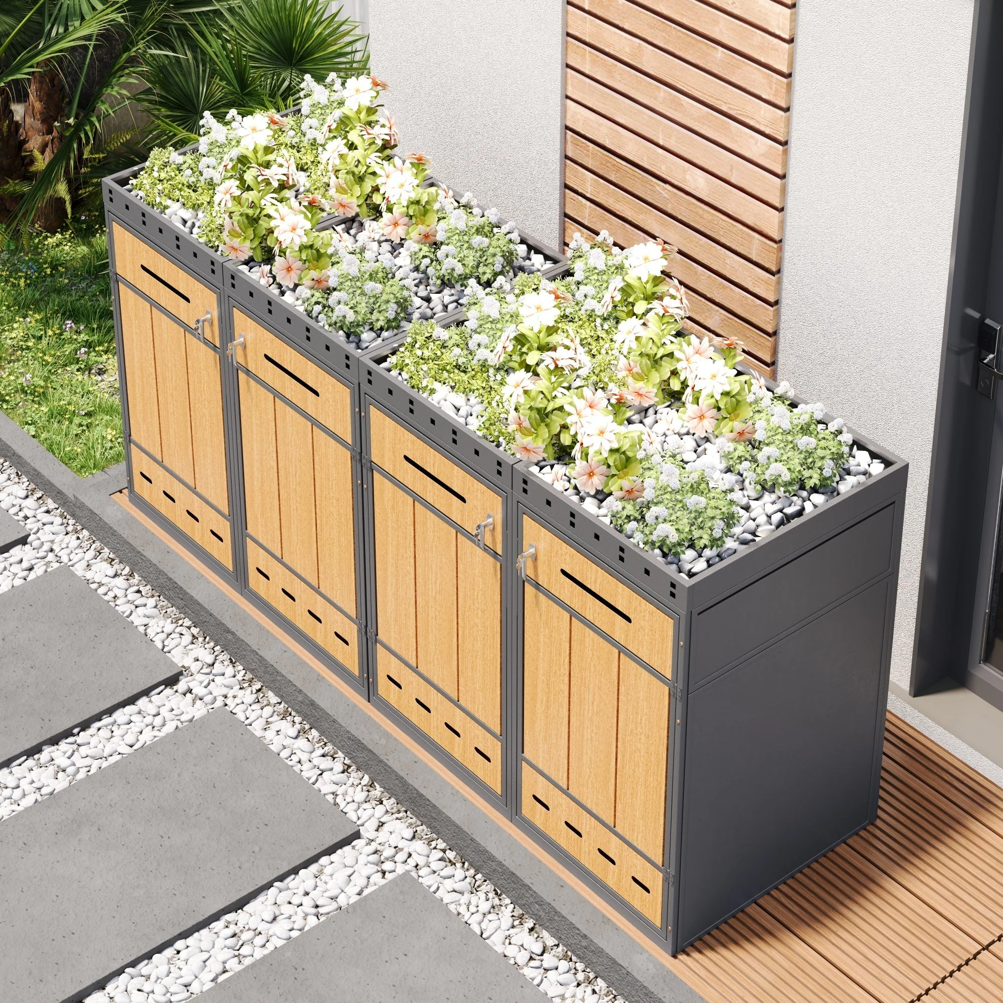 Bin Storage Unit with Green Roof for Four 120-240L Bins, Anthracite Wood-Look - Image 6