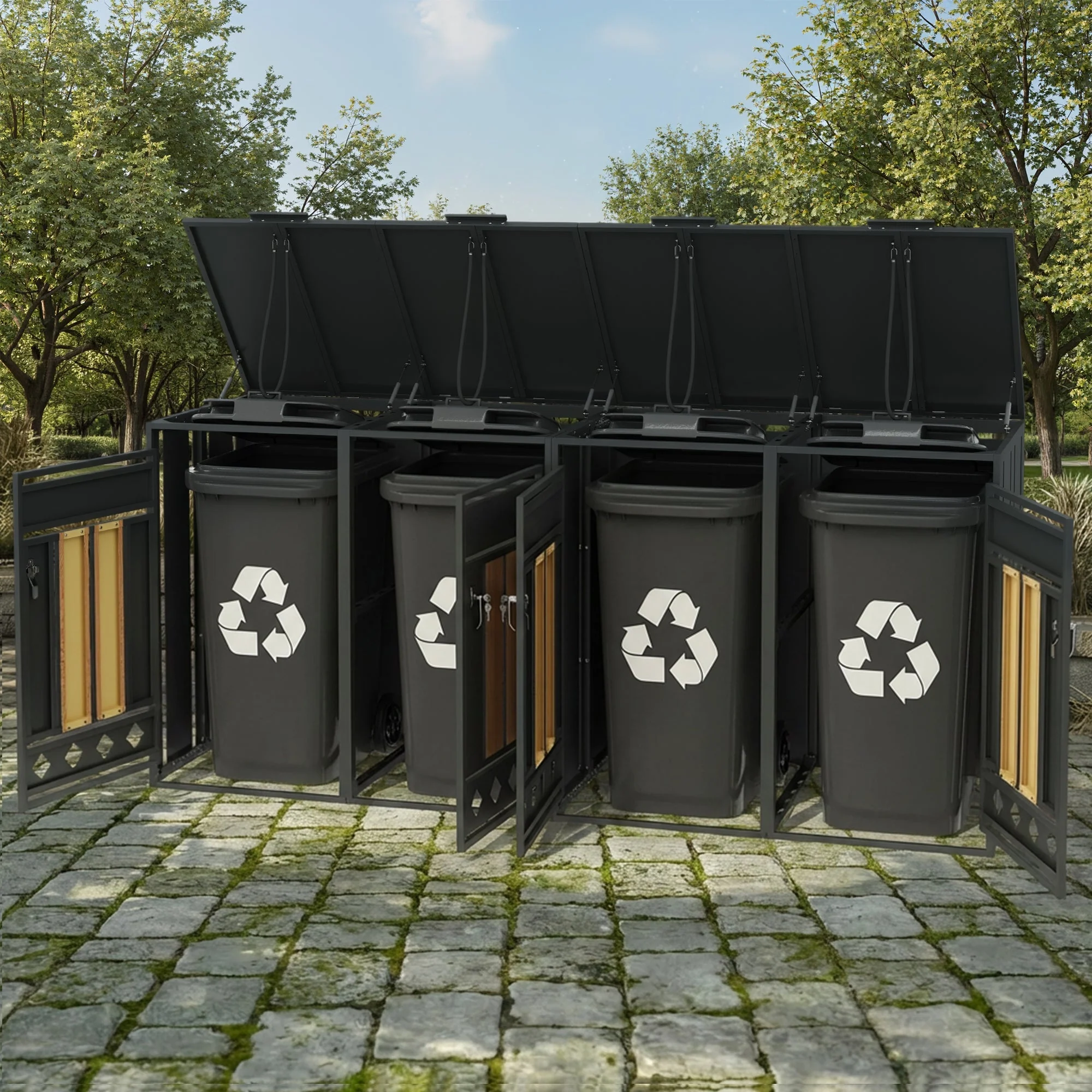 Bin Storage Unit with Hinged Lid, Lockable and 4 Doors, Wood Grain - Image 8